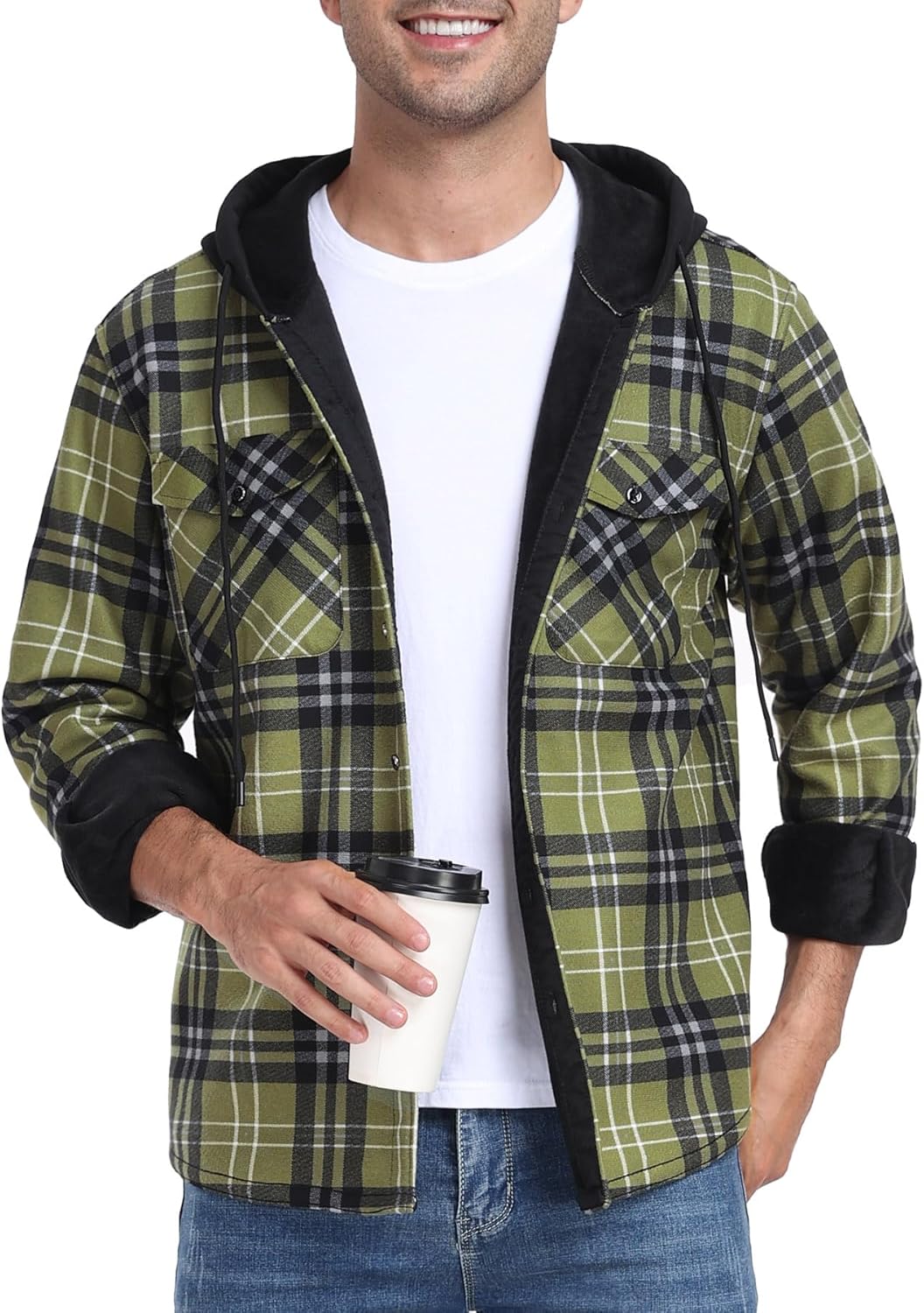 Men's Flannel Fleece Jacket Sherpa Lined Winter Plaid Shirts Jacket Long Sleeve Thermal Coat With Hood