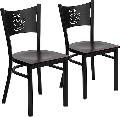 Miniatura 10 de EMMA + OLIVER Paquete de 2 sillas de restaurante de metal con respaldo de café negro con asiento acolchado de espuma de vinilo negro