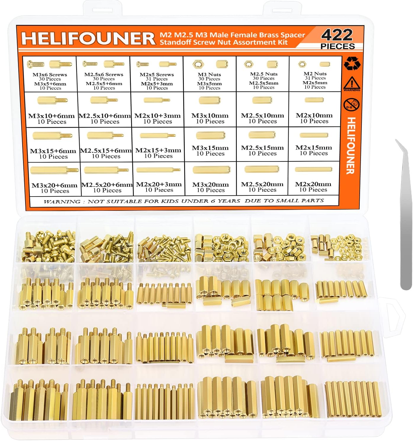 HELIFOUNER 422 Pieces M2 M2.5 M3 Male Female Hex Brass Spacers Standoffs Screws Nuts Assortment Kit, Threaded Pillar for Printed Circuit Board Motherboard