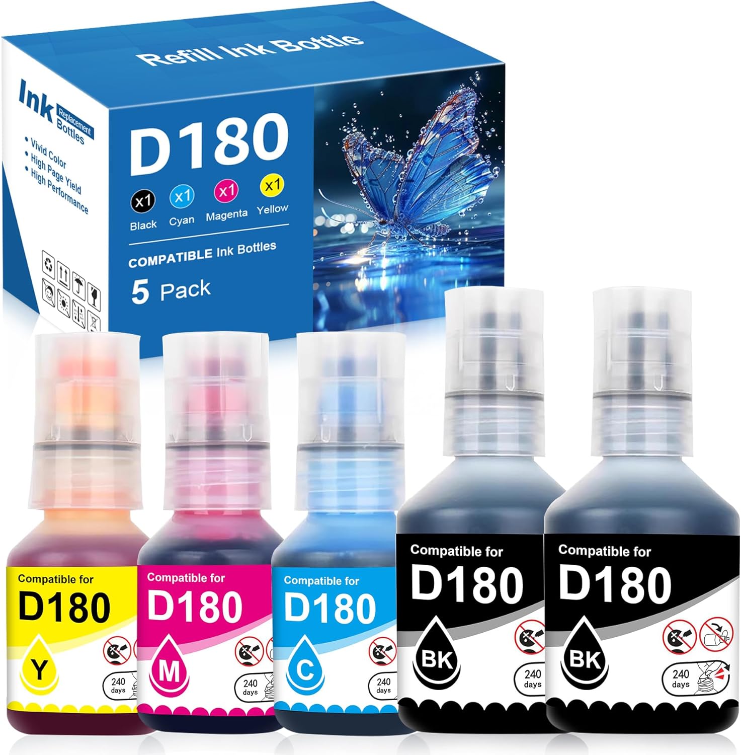 D180 Ink Refill Bottles Compatible for Brother DCP-T580DW DCP-T583DW DCP-T780DW Printers Replacement for Brother D180 BTD180BK BTD180CLVAL Ink Bottles, 5 Pack (2 Black 1Cyan 1 Magenta 1Yellow)