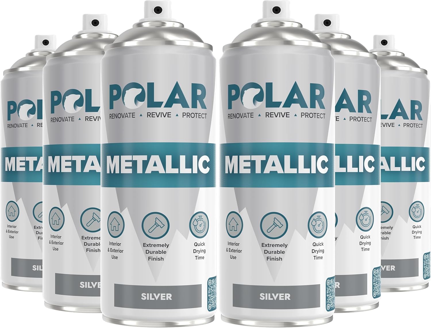 Polar Metallic Silver Spray Paint - 6 x 13.5 Fl Oz | Multi-Purpose Interior & Exterior Use | Silver Spray Paint For Metal, Wood, Glass, Plastic, Ceramics & Ornaments | Quick Drying | Easy to Apply