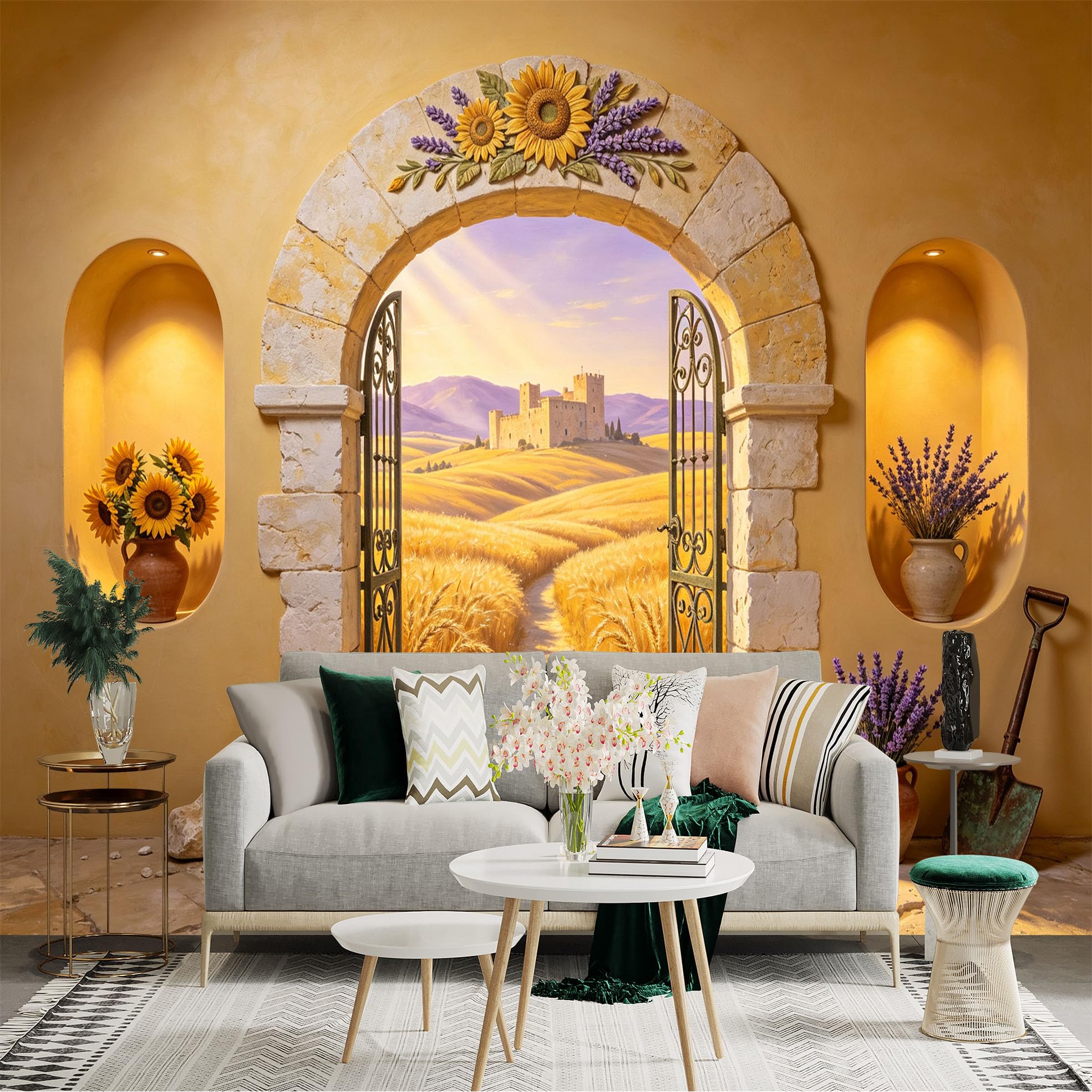 Custom Size Wall Sticker Mural， Sunflower Lavender Stone Archway Countryside View， for wall Decoration， peelandstick wall Decals.