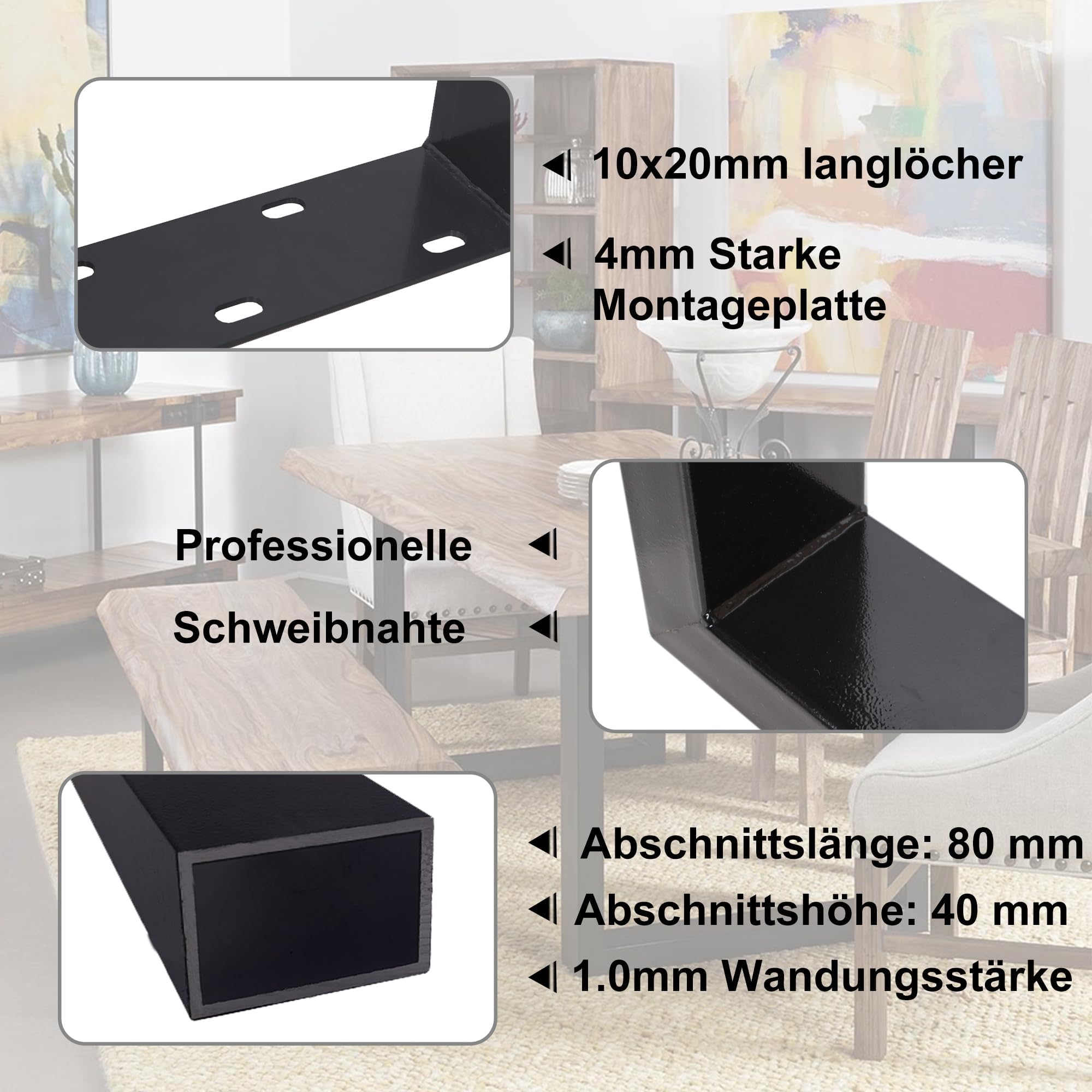 Thanaddo 2er Set Tischbeine Metall, Schwarze Tischkufen aus Vierkantprofil, 80x40 mm stabile Tischgestell für DIY-Schreibtisch Esstisch Couchtisch Bänke, Möbelfüße inkl. Bodenschoner (80x72cm)