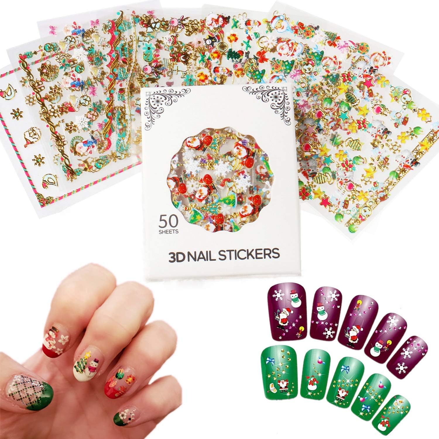NiceDeco 1500+ Patterns Christmas Nail Art Stickers Decals, 3D Self-Adhesive Nail Stickers Santa Claus Reindeer Xmas Tree Snowflake Snowman for DIY Nail Art Decoration （50 Sheets）