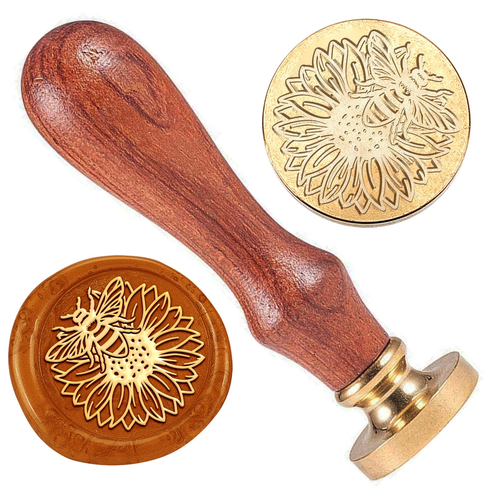 DELORIGIN Wax Seal Stamp Set, Sunflower Bee Wax Stamp 1" Vintage Brass Stamp Head with Wooden Handle Nature Stamp for Envelopes Decoration Invitations Cards Wine Packages Gift Packing