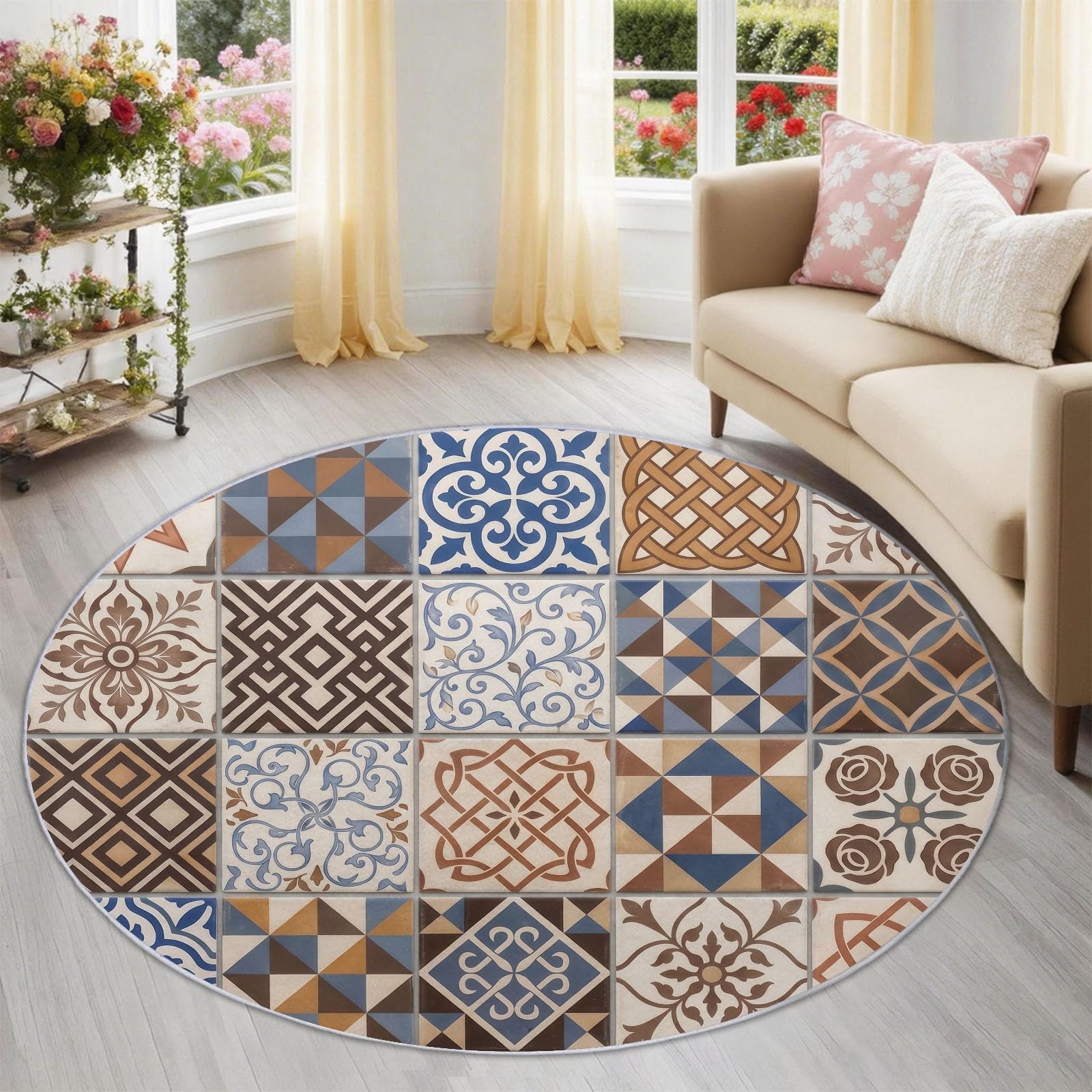 Geometrisch Runder Teppich 120 cm, Waschbar rutschfest Teppiche, Pflegeleichter Weich Bunte Mosaikfliesen Teppich Rund für Flur Küche Eingang Wohnzimmer Kinderzimmer, Mehrfarbig Blau