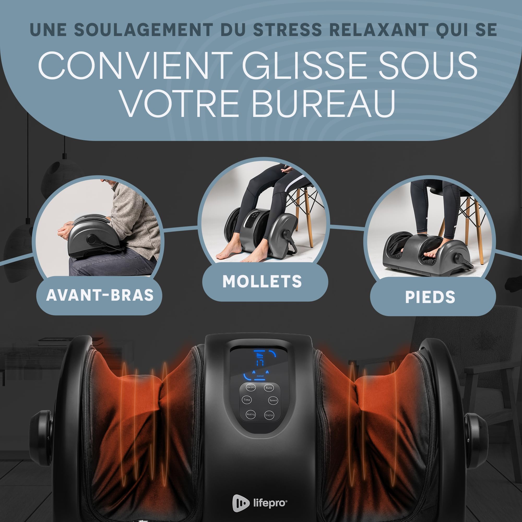 LifePro Masseur de pieds Shiatsu avec chaleur, masseur de jambes à pétrissage profond, masseur de pieds électrique pour la douleur et la circulation, livré avec un rouleau de réflexologie