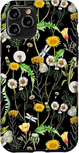 iPhone 11 Pro Wildflowers Botanical Daisy Flores Dandelion Libélula Estuche de regalo