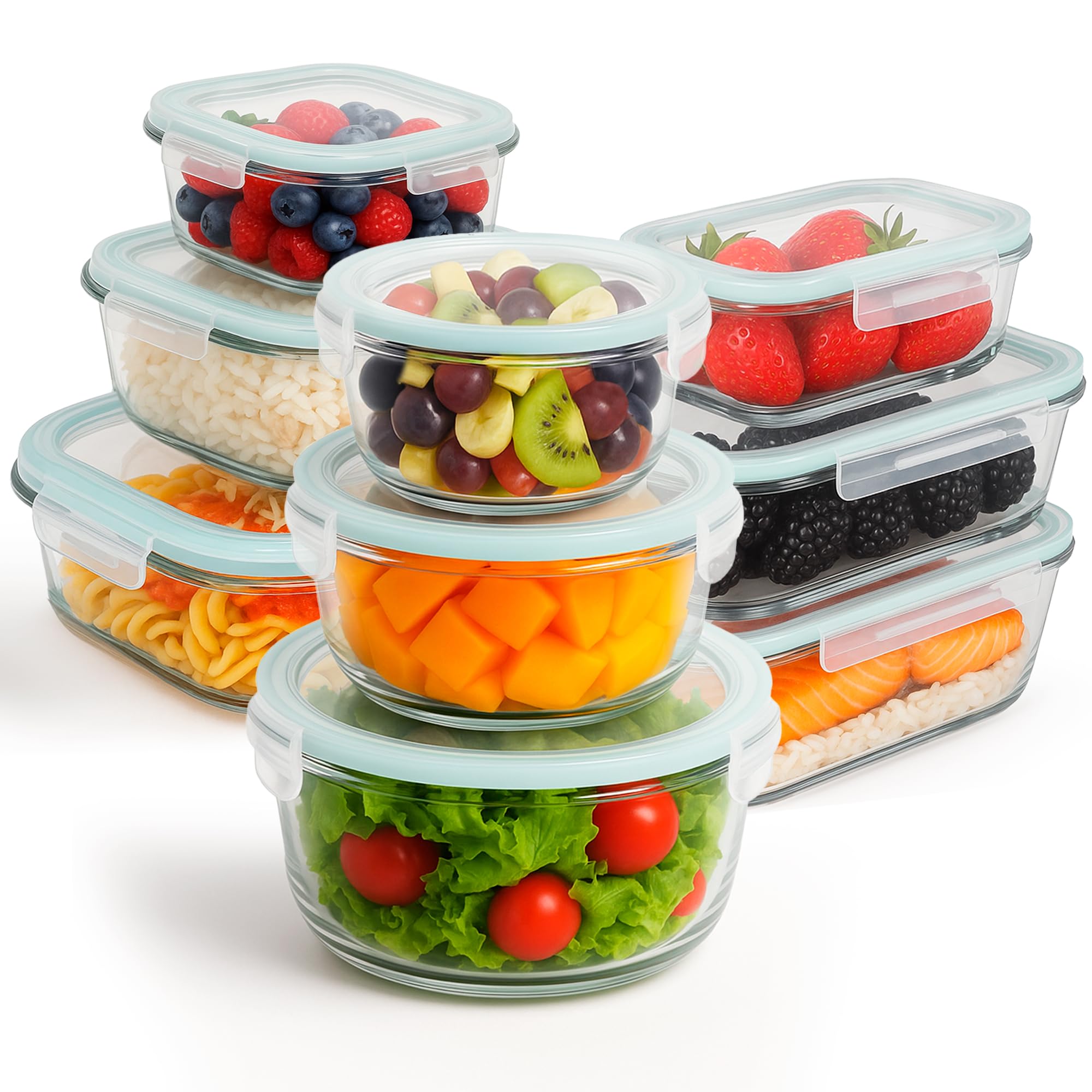 Set di contenitori per alimenti in vetro - 18 pezzi (9 contenitori + 9 coperchi) Coperchi