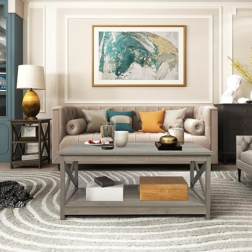 Miniatura 22 de Rainbow Sophia Mesa auxiliar, moderna mesa de centro de madera de granja con almacenamiento de 2 niveles, 40 pulgadas, roble Sargent Roble