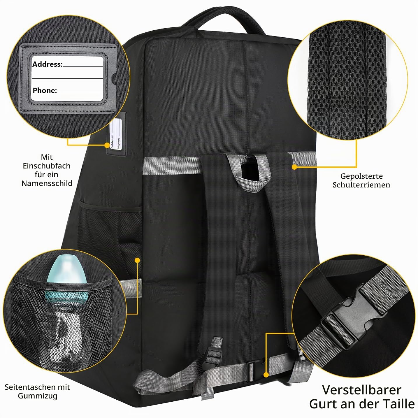YOREPEK Autositz-Reisetasche, Transporttasche für Kindersitz Flugzeug, Rucksack mit Schultergurt & Hüftgurt, Wasserdicht, 45x45x71cm, Schwarz