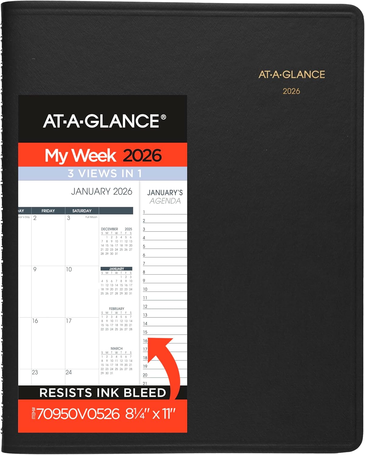 AT-A-GLANCE 2026 Appointment Book Planner, Weekly & Monthly, 8-1/4" x 11", Quarter-Hourly, Triple View, Black (70950V0526)