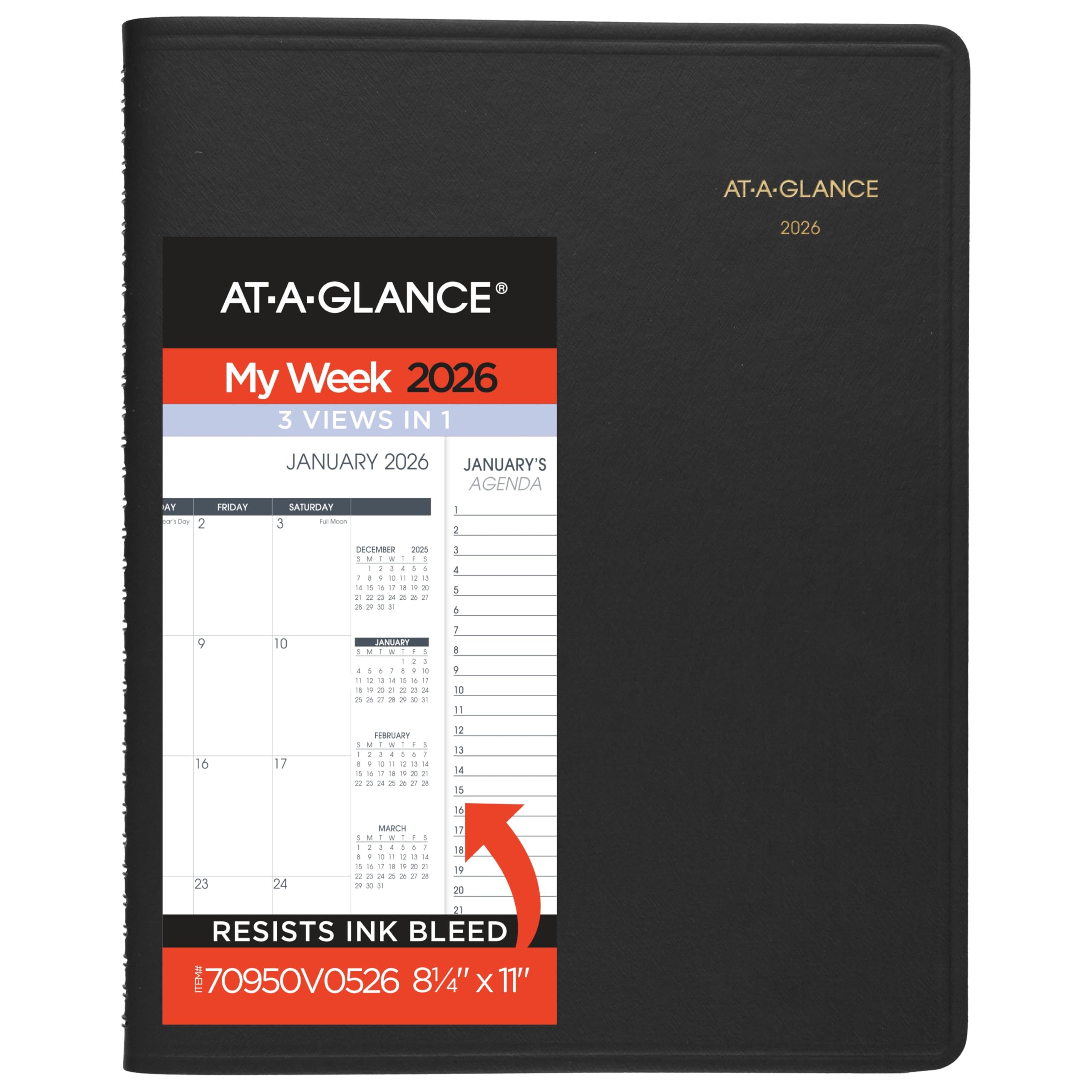AT-A-GLANCE Agenda settimanale e mensile per appuntamenti 2026, 20,6 x 28 cm, trimestre d'ora, tripla vista, nero (70950V0526)