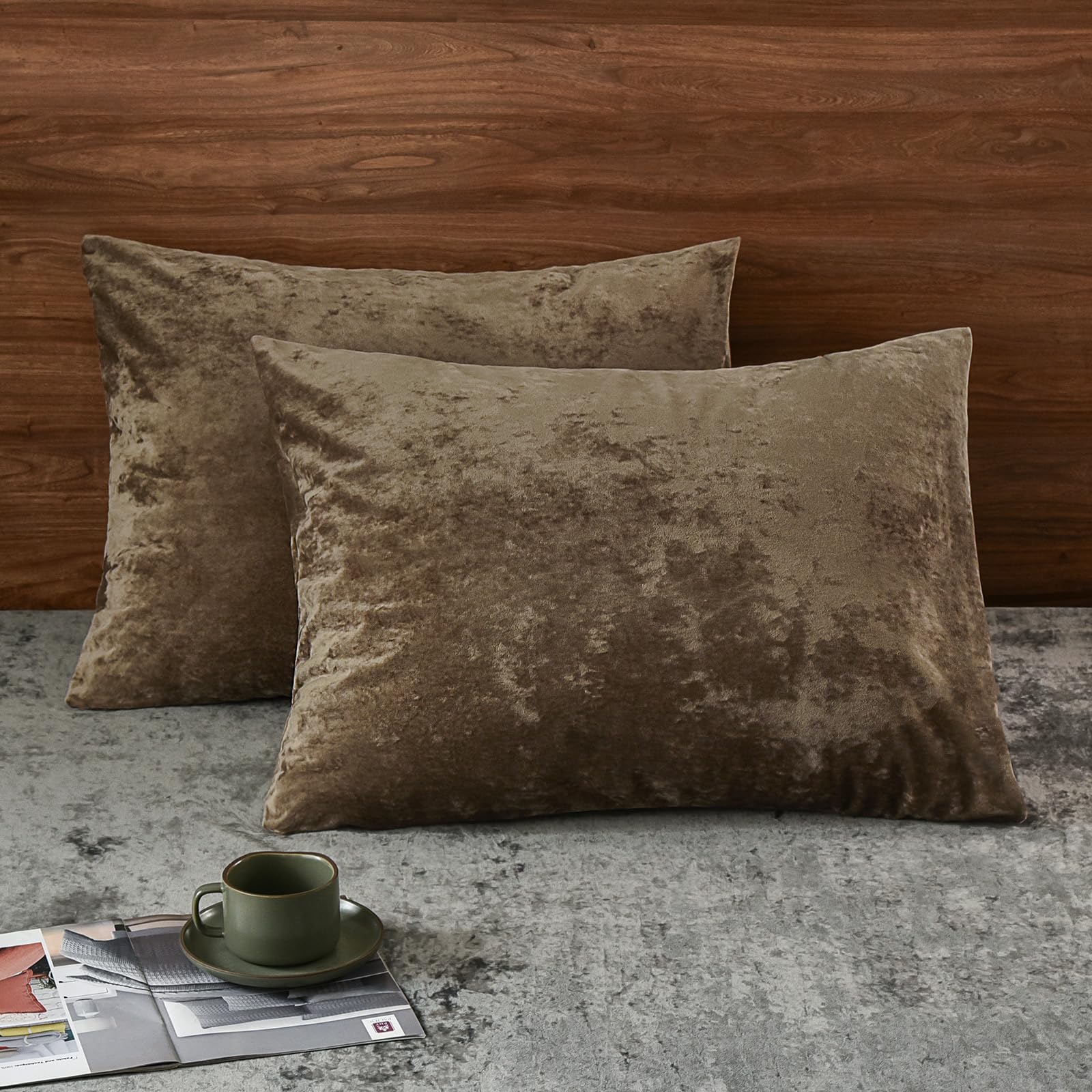 phf truly velvet pillowcases standard size, no insert, 2 pack ultra soft breathable pillow shams covers with envelope closure, 20" x 26" luxury cozy warm fuzzy flannel, khaki
