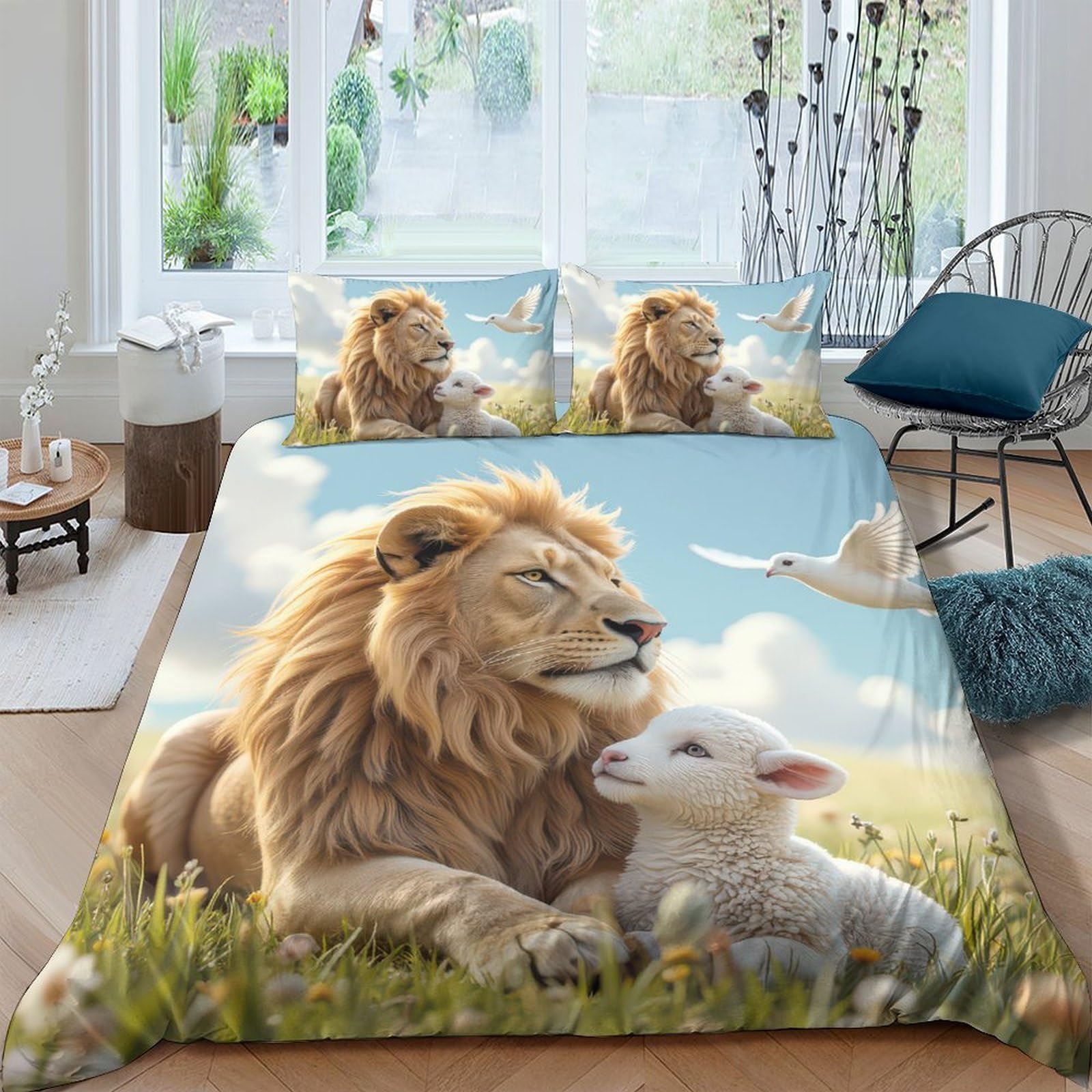 Ctjqhvkz Style-1 3D Printed Lion And Lamb Fitted Sheet Microfiber Soft Bed Cover Pastoral Animal Design Bedroom Decor Single（135X200cm）
