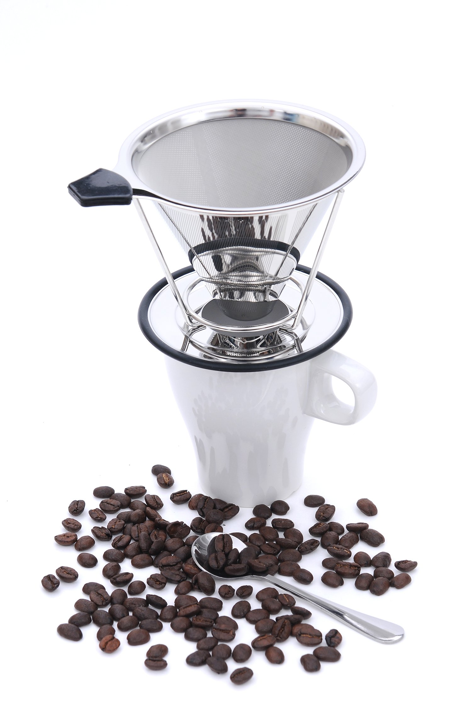 Jomin Paperless Stainless Steel Pour Over Coffee Maker, Stainless Steel Coffee Dripper Reusable Drip Cone Coffee Filter 4 Cup with Removeable Stand and Spoon and Cleaning Brush