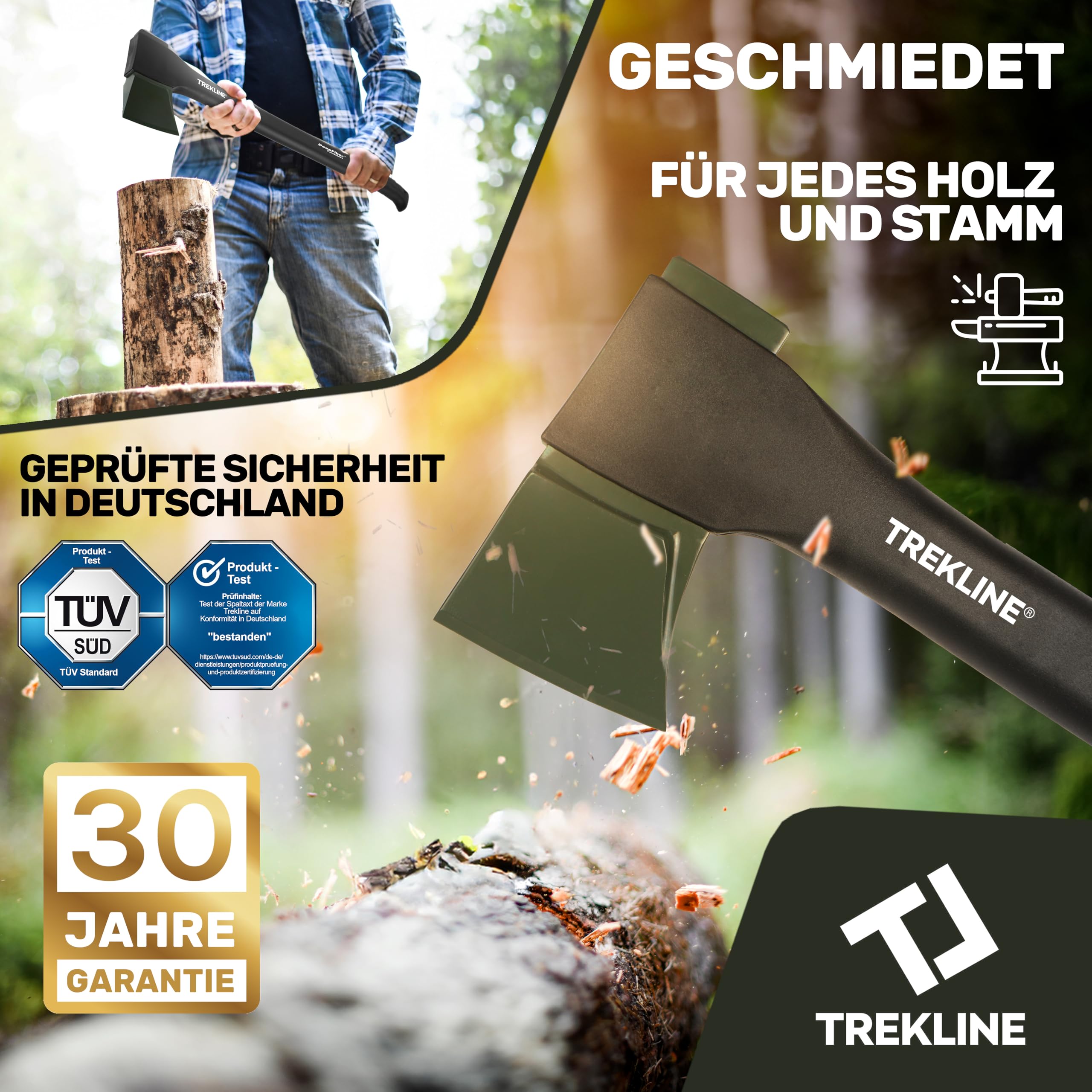 Spaltaxt, Spalthammer [ ErgoFiber™ - Glasfaserverstärkter Griff ] MilitaryCast, Inklusive Klingen-/Transportschutz, Antihaftbeschichtet, Hochwertige Stahl-Klinge [77cm; 2.3 kg]
