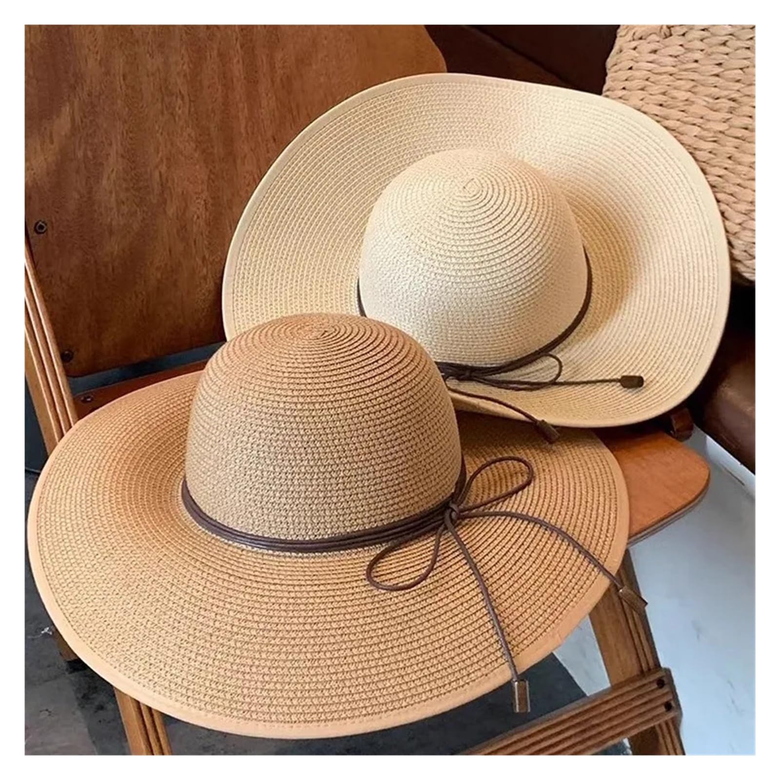 Generico Cappello da sole in paglia donna, a tesa larga estiva, con cinturino, accessori viaggio for vacanze al mare all'aperto