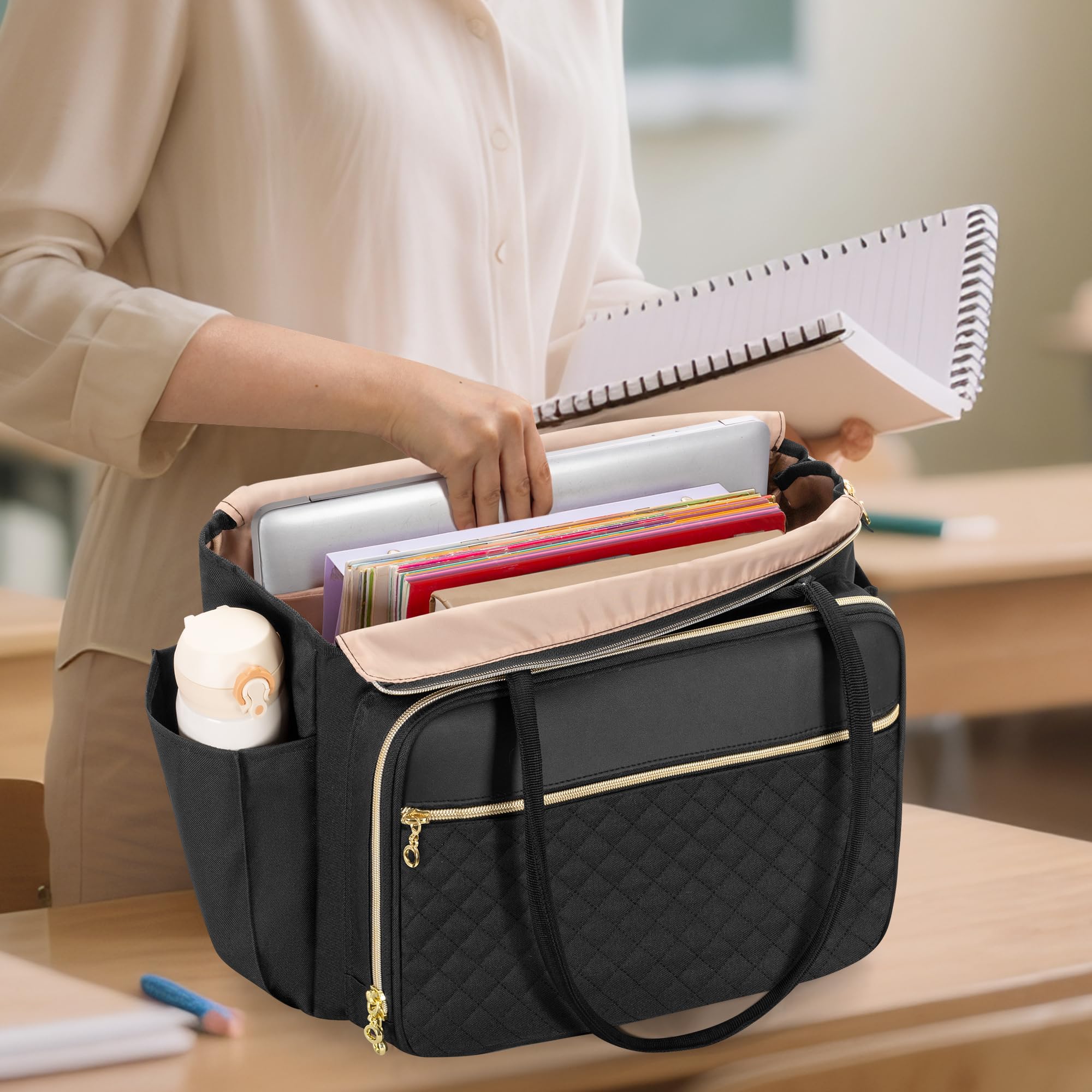 Luxja Borsa per Insegnante con Tasca Portadocumenti a Fisarmonica | Borsa Tote per Insegnante per Donne con Scomparto per Laptop da 15,6 Pollici