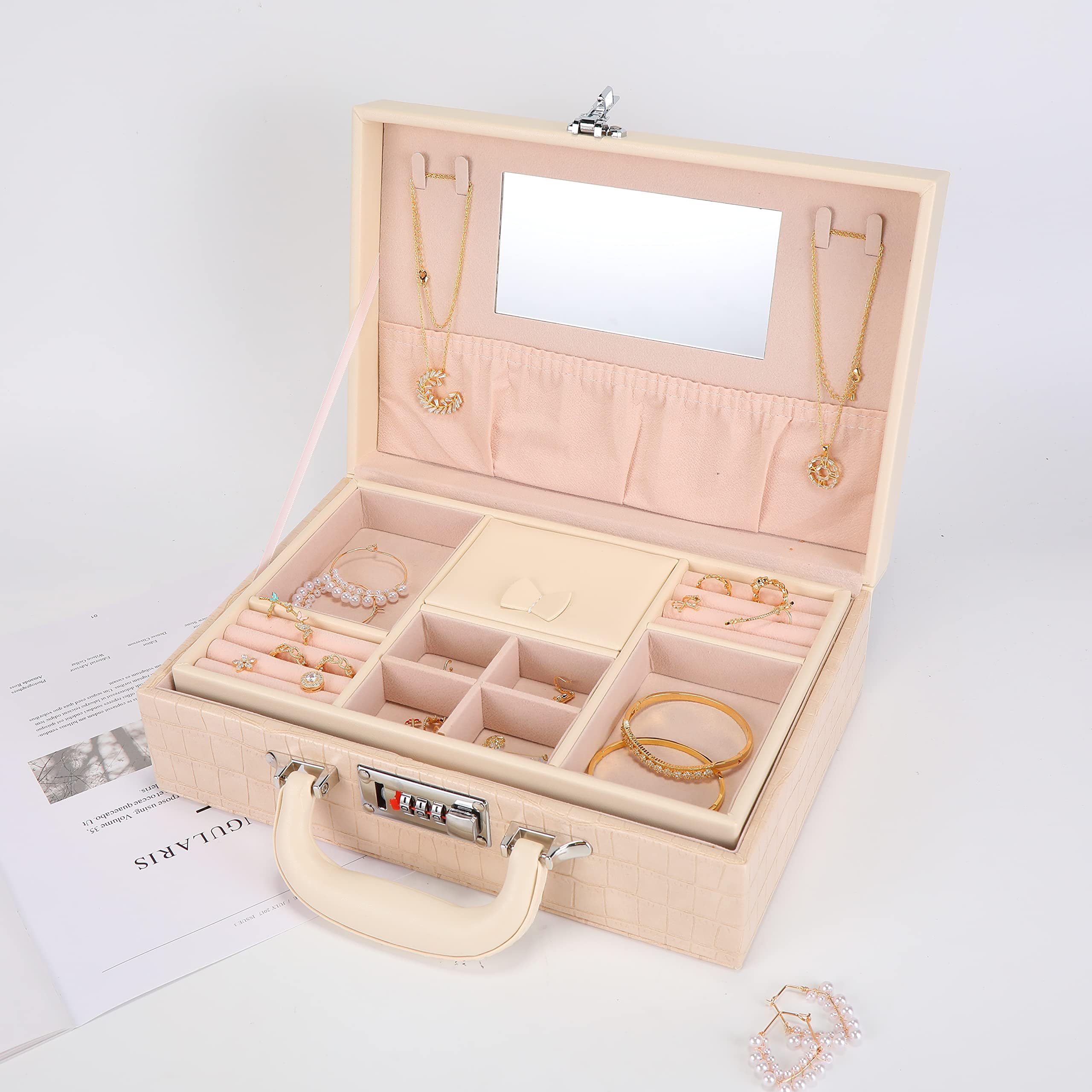 KENSONE Jewelry Box Organizer for Women Girls with Mirror, 2-Layer Jewelry Organizer with Removable Tray, Portable Jewelry Storage Case with Smart Code Lock and Waterproof PU Leather Surface, Holiday Gift (Beige)