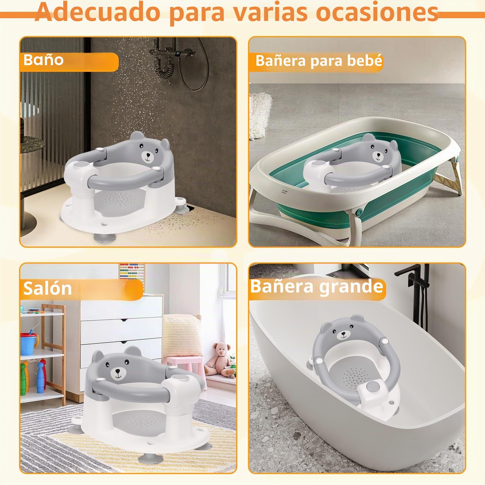 Asiento de Baño para Bebé 6-24 Meses, Silla Baño Bebe con 4 Fuertes Ventosas, Respaldo Ergonómico, Barra de seguridad, Antideslizante y Cómoda, Regalo para Recién Nacidos y Nuevas Madres(Gris)