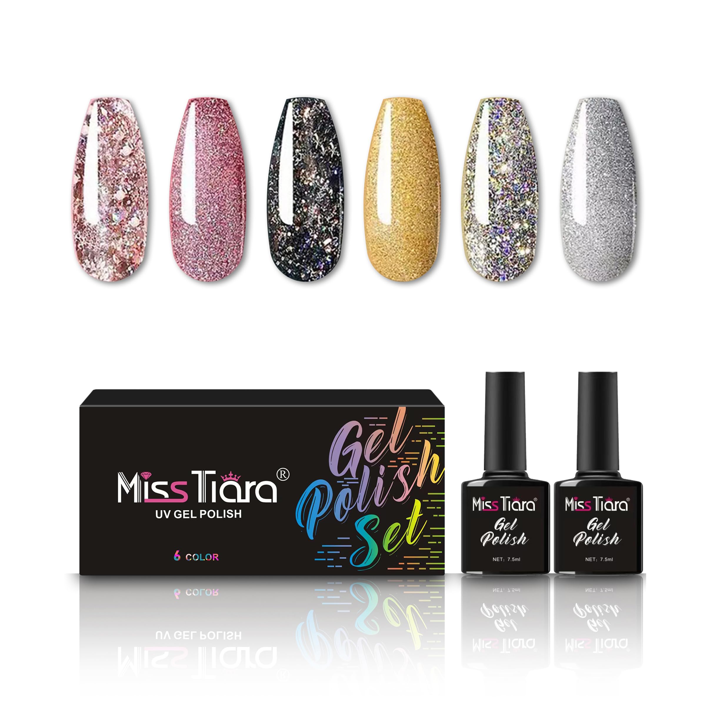 MissTiara New 6-Piece UV and LED Nail Gel Polish Set Multicolour (Shiny Pink/Shiny Green/Shiny Grey)