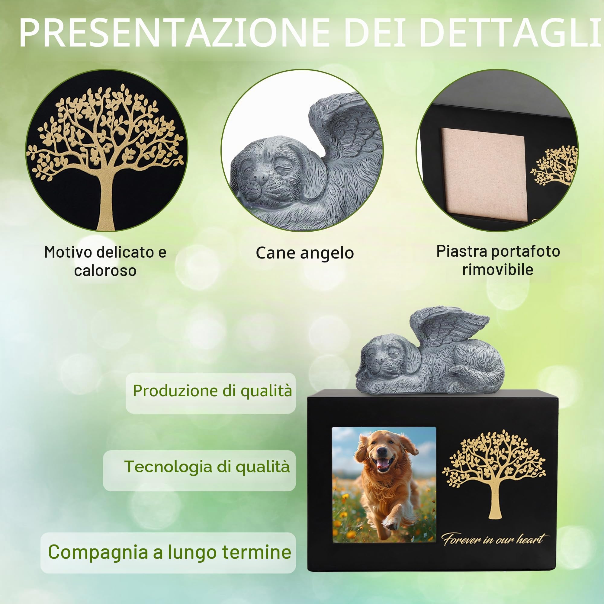 Urna per le ceneri di cane, modello di albero in legno nero con cornice per foto, scatola dei ricordi con statua di cane in resina e sacchetti sigillati per la conservazione (25kg)