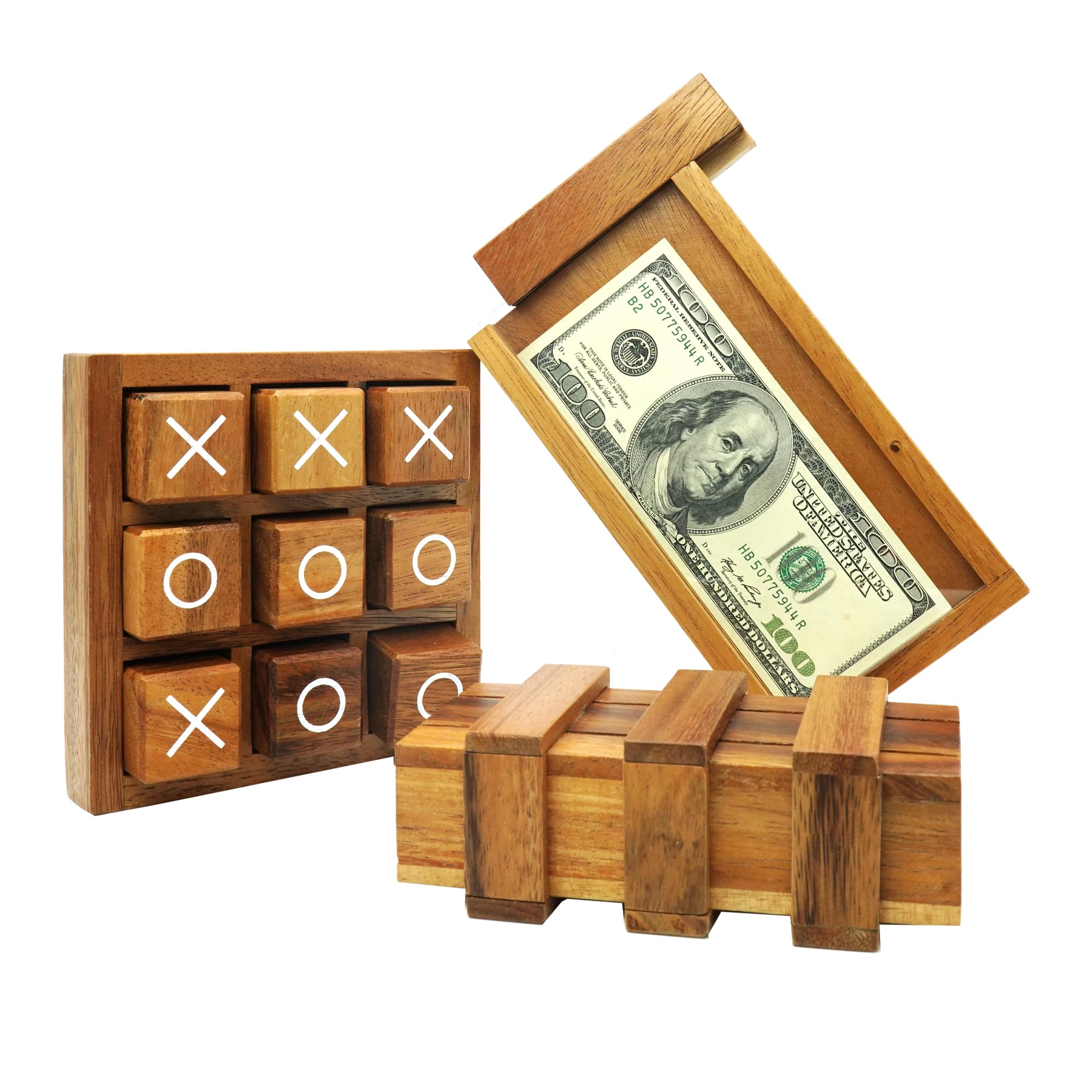 BSIRIPuzzle Box Tic Tac Toe Bundle Brain Teaser Wooden Puzzle Boxes and Classic Tic Tac Toe Game for Family Fun and Unique Gift Ideas