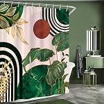 Boho Green douche rideau Mid Century Abstract Gold feuilles Plant Olive douche rideaux pour salle de bain Decor baignoire léger poids lavable polyester imperméable tissu avec 12 Crochets 72 X 72 1 cm