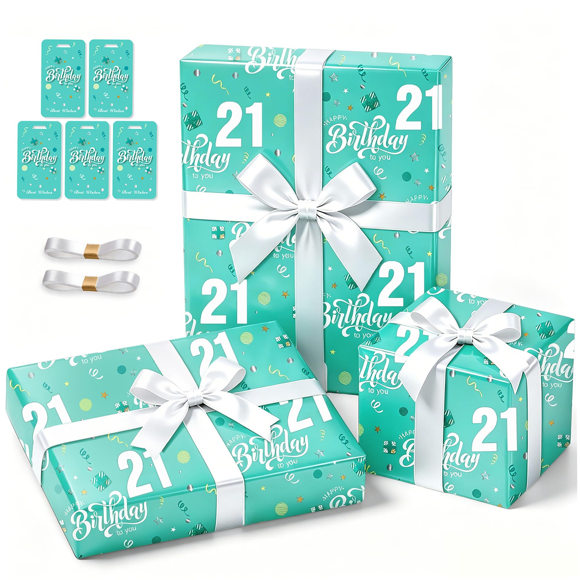 21st Birthday Wrapping Paper Kit for Young Girl Women Female Her Teal Turquoise Happy Birthday Gift Wrap Set with Tag Ribbon Twenty First Gift Wrapping Paper Age 21 Year Old Birthday Paper for Present