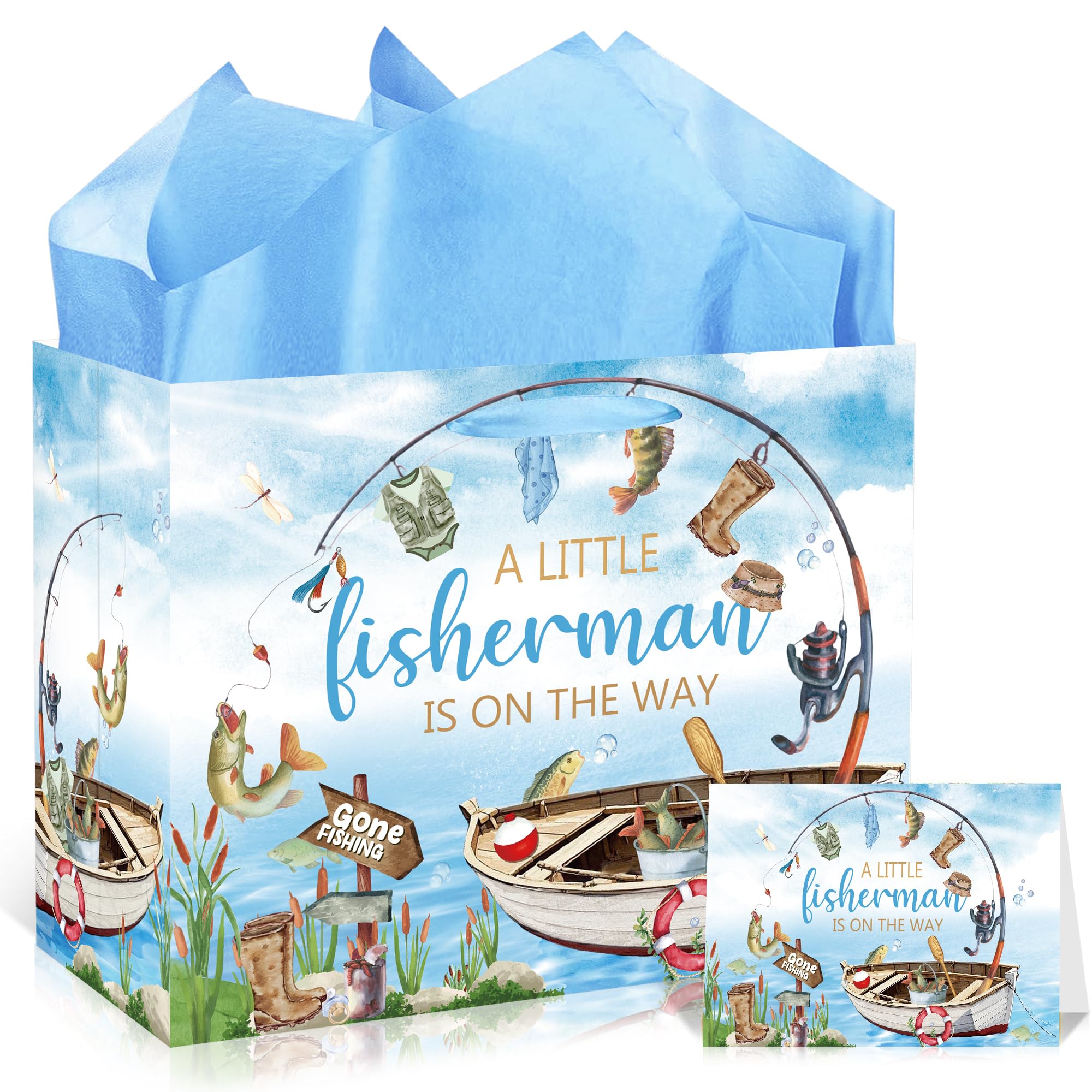 Fisherman Baby Shower Bag with Tissue Paper Card and Hanlde