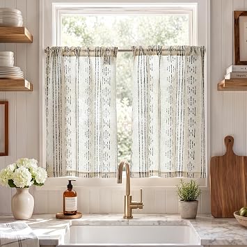 jinchan Boho Kitchen Curtains Linen Tier Curtains 36 Inches Bohemian Cafe Small Drapes Striped Mudcloth Farmhouse for Bathroom RV Camper Light Filtering Rod Pocket 2 Panels Black on Beige