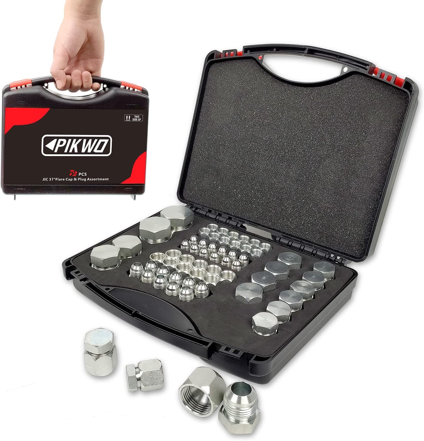 72Pcs JIC 37 Flare Cap and Plug Kit Hose Tube and Pipe Fitting Set Hydraulic Cap and Plug Kit Galvanized 45# Steel with Precision Threading Dash Sizes -04-06 -08-10 -12-16