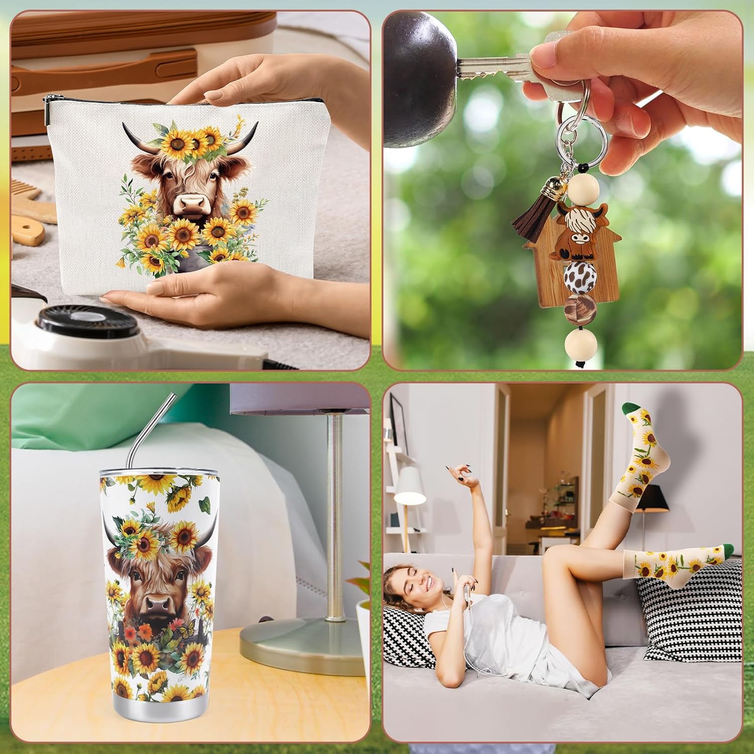 Keluna Highland Cow Gifts for Women - 4Pcs Sunflower Highlandcow Gift, 20oz Highland Cattle Tumbler with Lid Straw Cattle Makeup Bag Keychain Socks for Cow Lovers Girls Birthday Christmas Gifts - Image 6