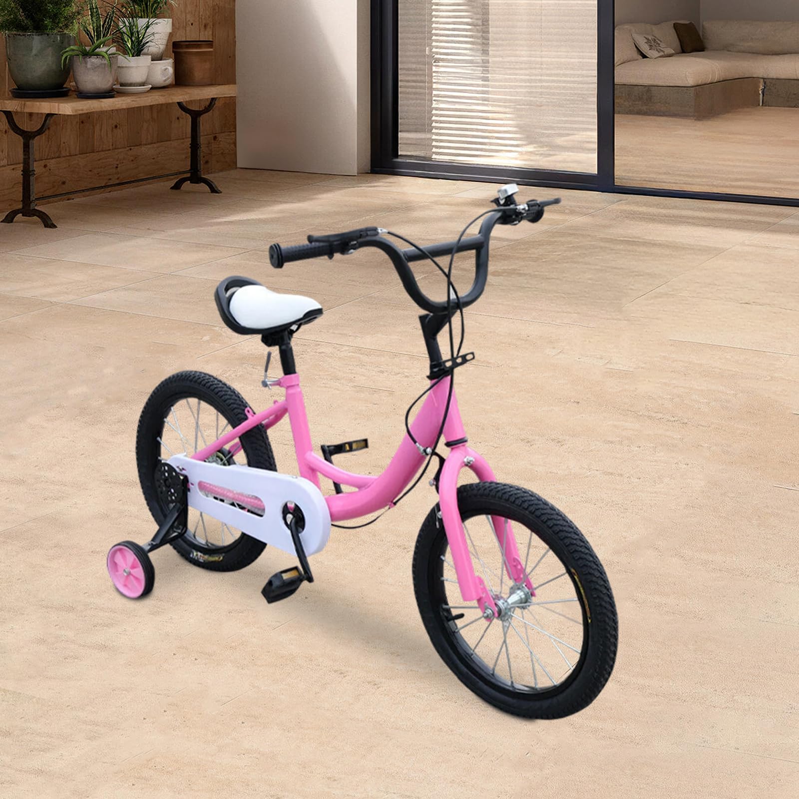 Vélo pour enfant de 16 pouces, en acier au carbone rose, réglable en hauteur, avec garde-boue, roues stabilisatrices amovibles, frein avant, frein arrière, pour garçons et filles de 4 à 8 ans
