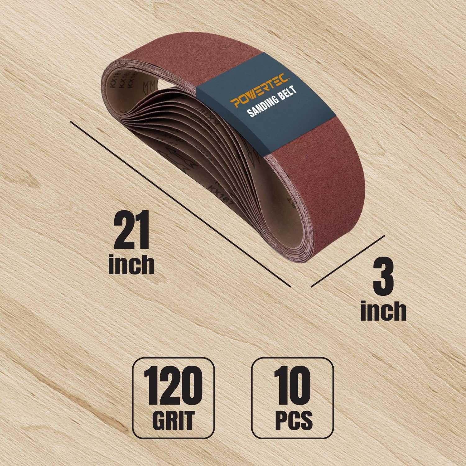 POWERTEC 3 x 21 Inch Sanding Belts, 80 & 100 & 120 Grit, Aluminum Oxide Belt Sander Sanding Belt for Portable Belt Sander, Wood & Paint Sanding, Metal Polishing, 10 Pack Each (110430+110450+110440)