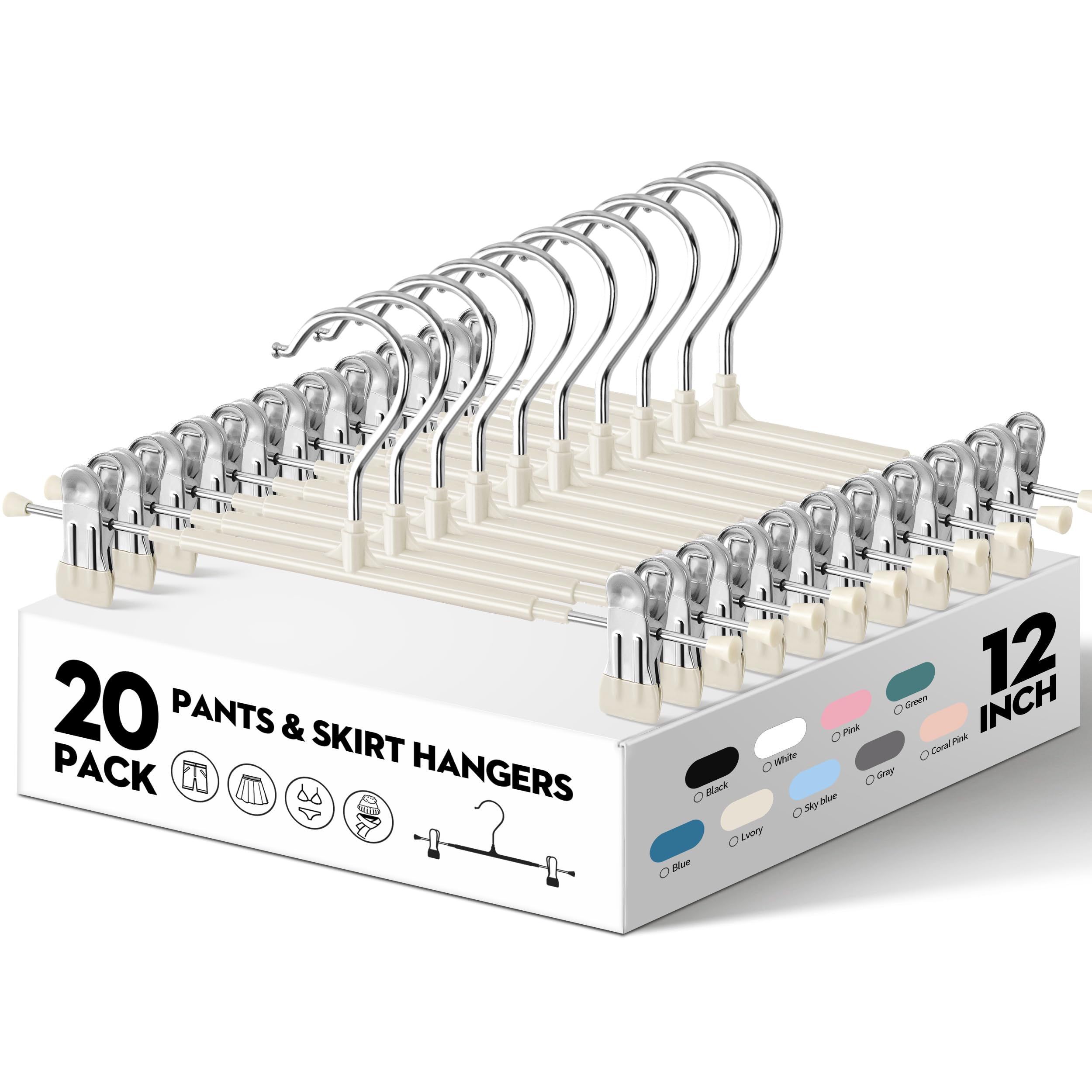 Perchas para pantalones con clips, paquete de 20 perchas ajustables para faldas para mujer, de metal negro, antideslizante, para pantalones, resistentes y ahorran espacio, para pantalones