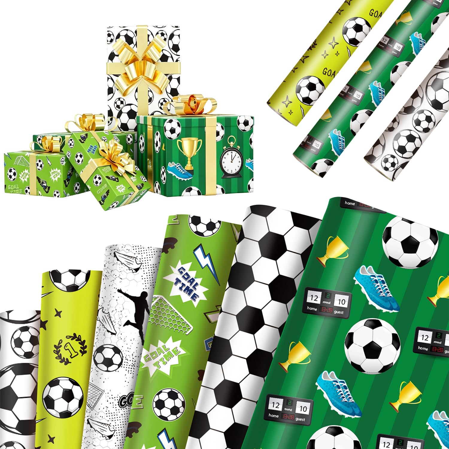 12 Sheets Football Wrapping Paper 68 x 51cm, 6 Designs, Boys Birthday Gifts — image 1