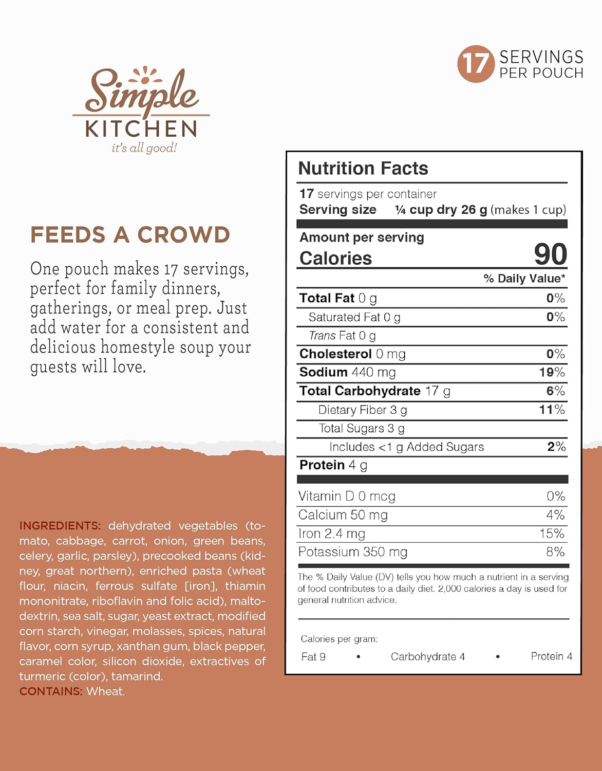 READYWISE - Simple Kitchen, Minestrone Soup Mix, 17 Servings Per Pack, MRE, Vegetarian, Hiking, Camping Essentials, Food, Soup Mix, for Events, Emergency Food Supply, or Daily Use, Pack of 4