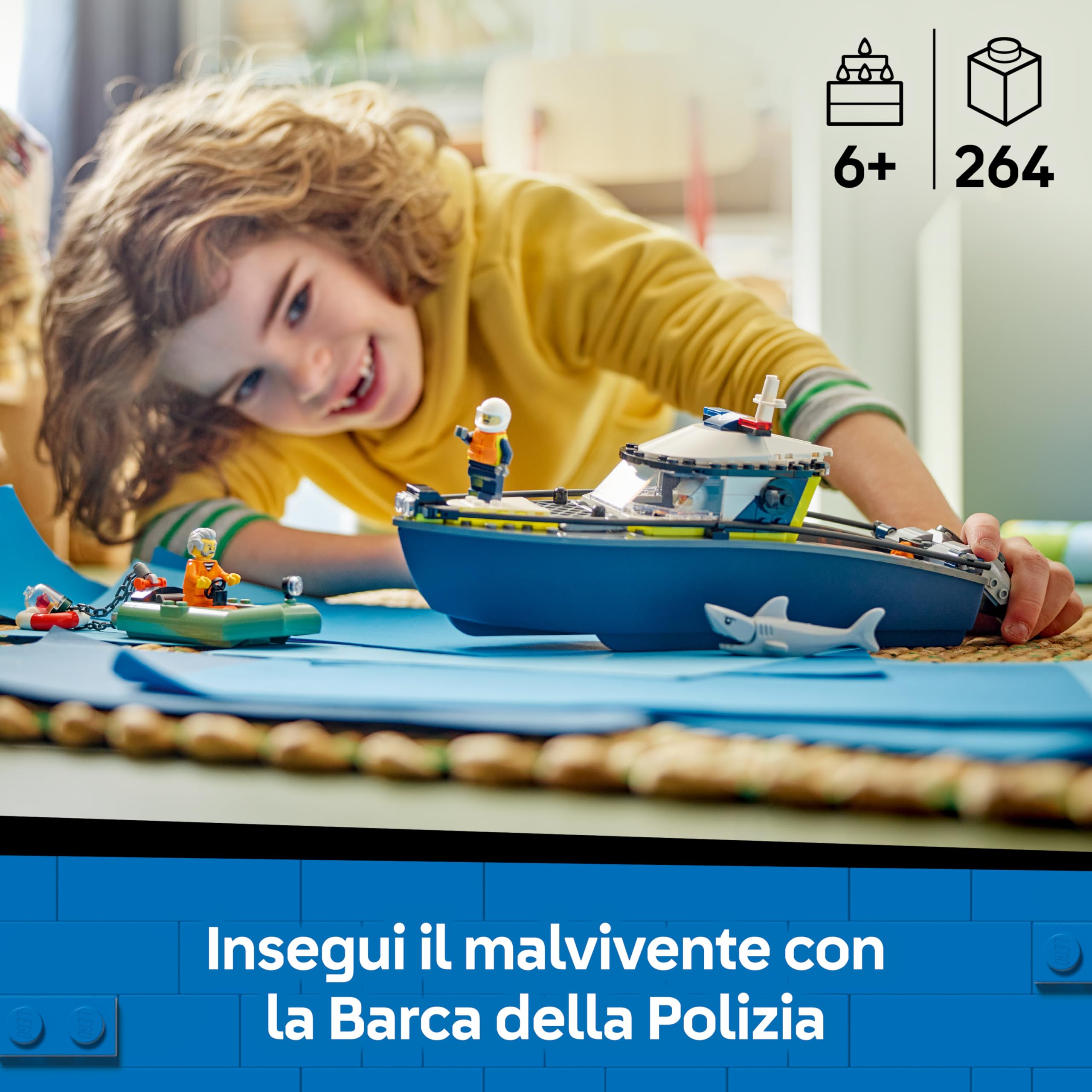 LEGO City Inseguimento del Motoscafo della Polizia – Include 2 Barche Giocattolo, 3 Minifigure e una Figura di Squalo – Regalo per Bambini e Bambine da 6 Anni in su – 60456