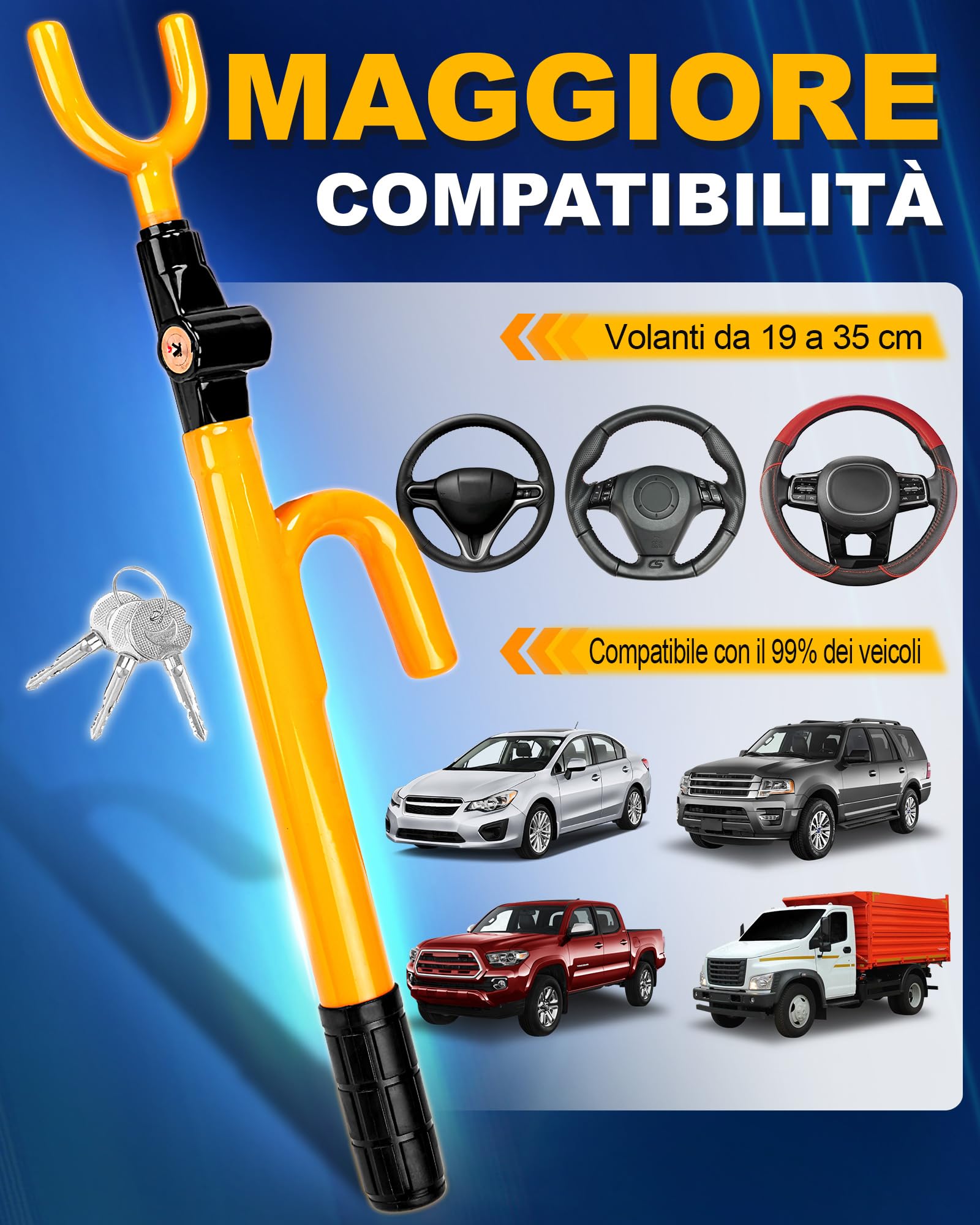 Tevlaphee Blocco Volante, Serratura di Sicurezza Auto, Dispositivo Anti-Furto Robusto, Alta Visibilità, Adattamento Universale per Auto, SUV & Furgoni, Regolabile, 3 Chiavi(Giallo)