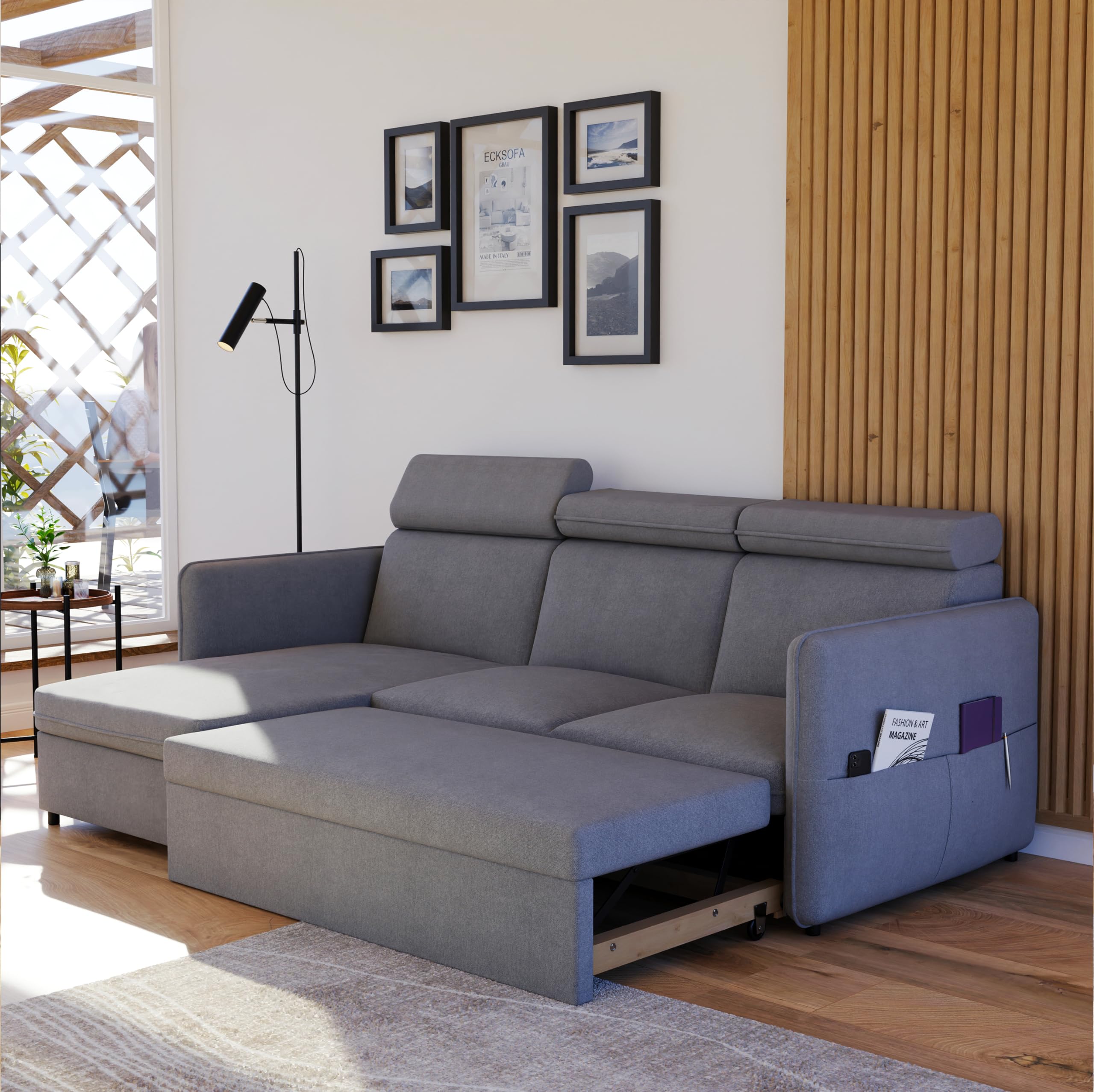 Ecksofa mit Schlaffunktion und Bettkasten 220 x 160 cm Hellgrau