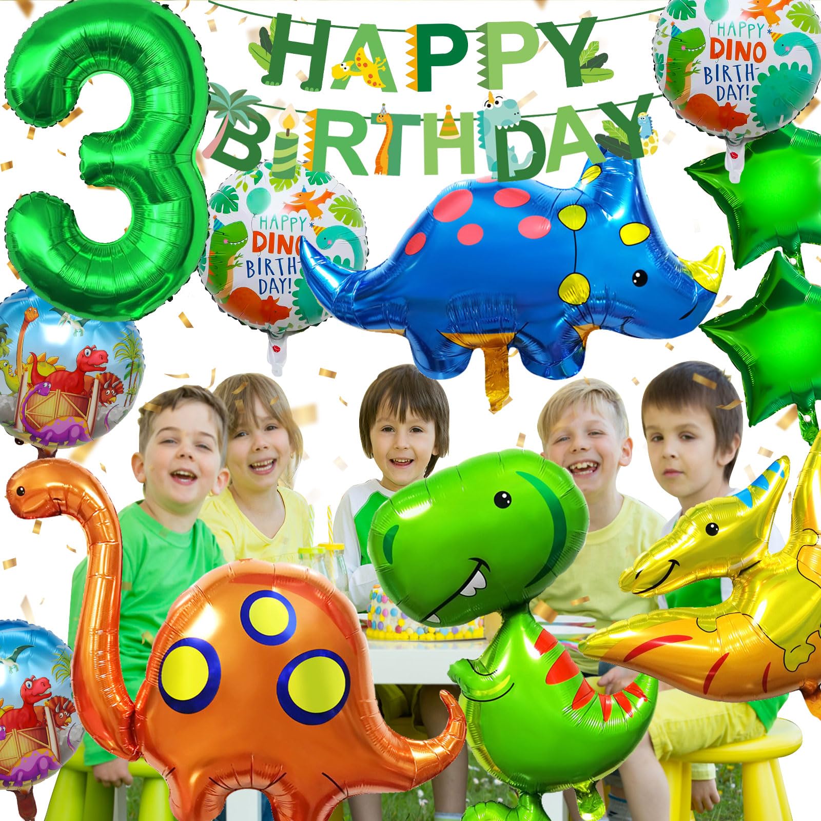 YianHien XXL Decoración Cumpleaños Dino, Set Balones Cumpleaños Infantil Dinosaurio, Decoración Fiesta Tema Jungla Dino con Globo de Aluminio, Balones Cumpleaños Dino con Globo Número Gigante (3 Años)