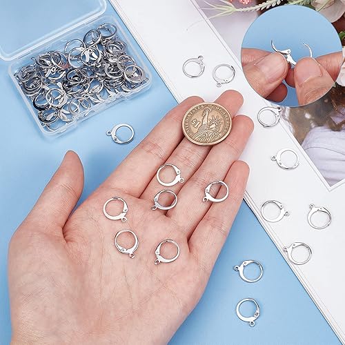 Miniatura 3 de SUNNYCLUE 1 caja de 80 piezas de aro Huggie de 0.59 pulgadas (0.591in) redondos para pendientes de palanca de acero inoxidable con bisagras con