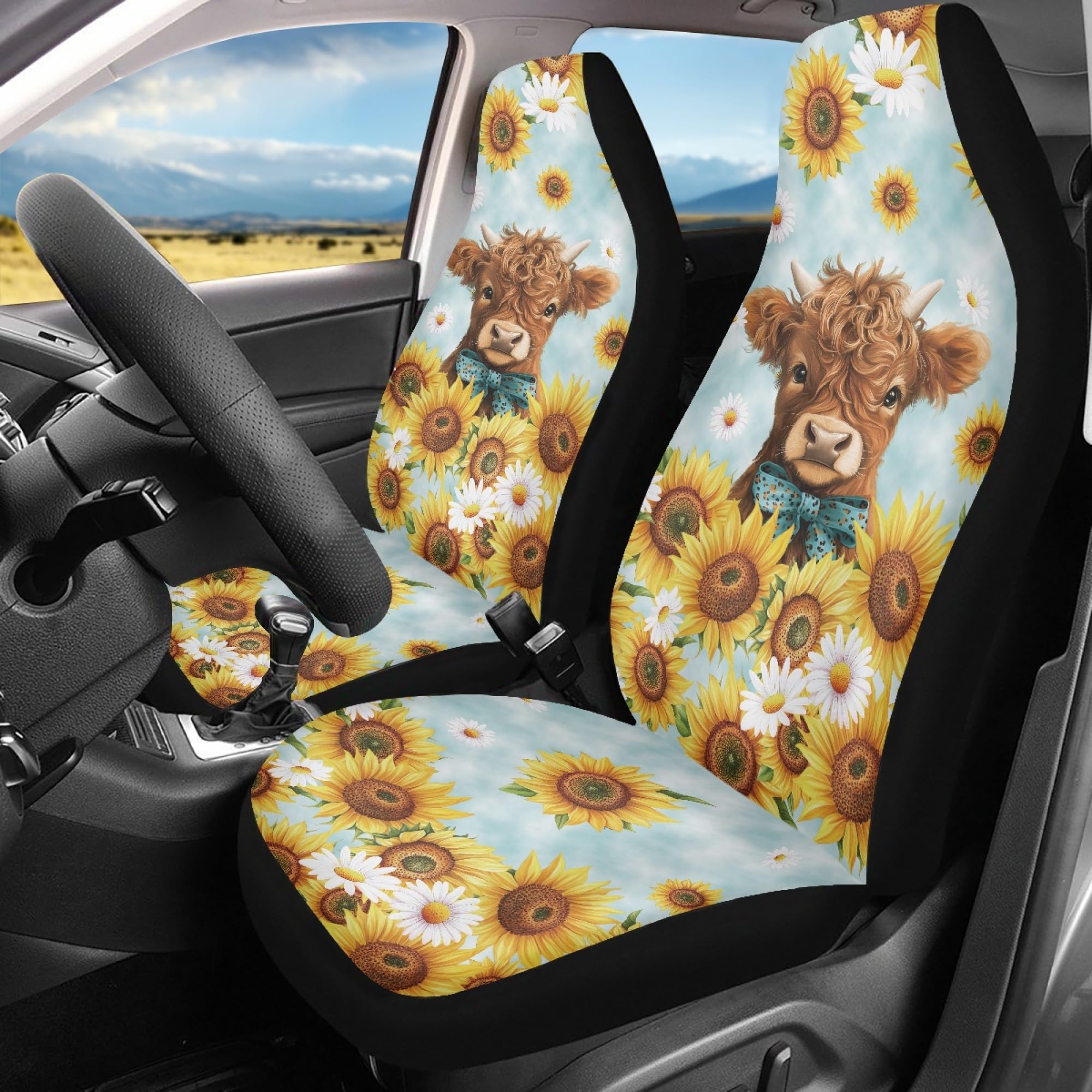 Quelytytrip Highland Cattle Sunflower Print Car Seat Cover for Women,Universal Front Seat Covers Fit for Most Cars,SUV,Truck,Sedan or Van