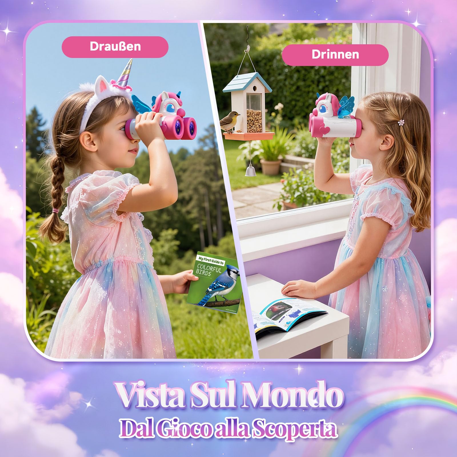 Binocolo Bambini con Guida Uccelli, Unicorno Bambina Regalo 3-12 Anni Giochi Bambina 3 4 5 6 7 8 9 Anni, Giocattolo Bambini Gioco Bimba 3-10 Anni Femmina Esterno Giardino Educativo Regali Compleanno