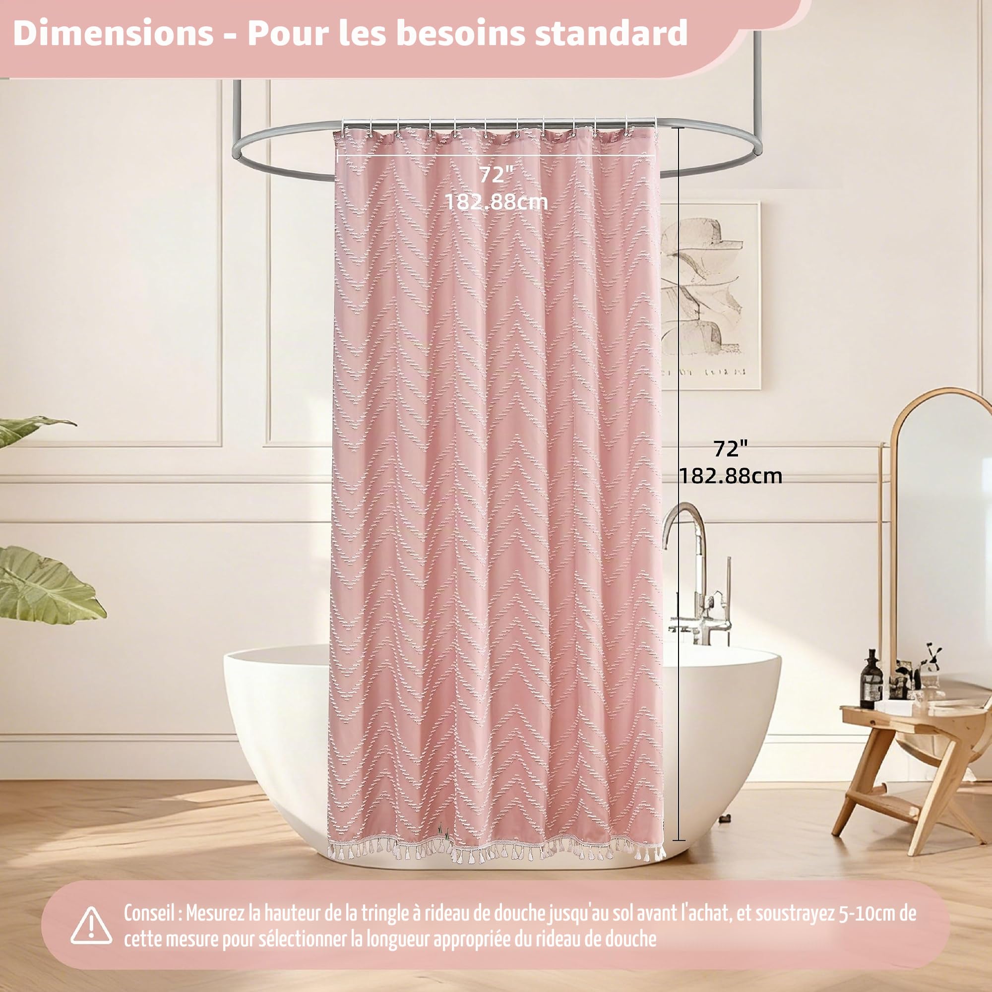 Siiluminisoy Rideau de Douche en Tissu tissé à Pampilles de Style bohème Moderne texturé touffeté à Rayures pour Salle de Bain, 183 x 183 cm, Rose