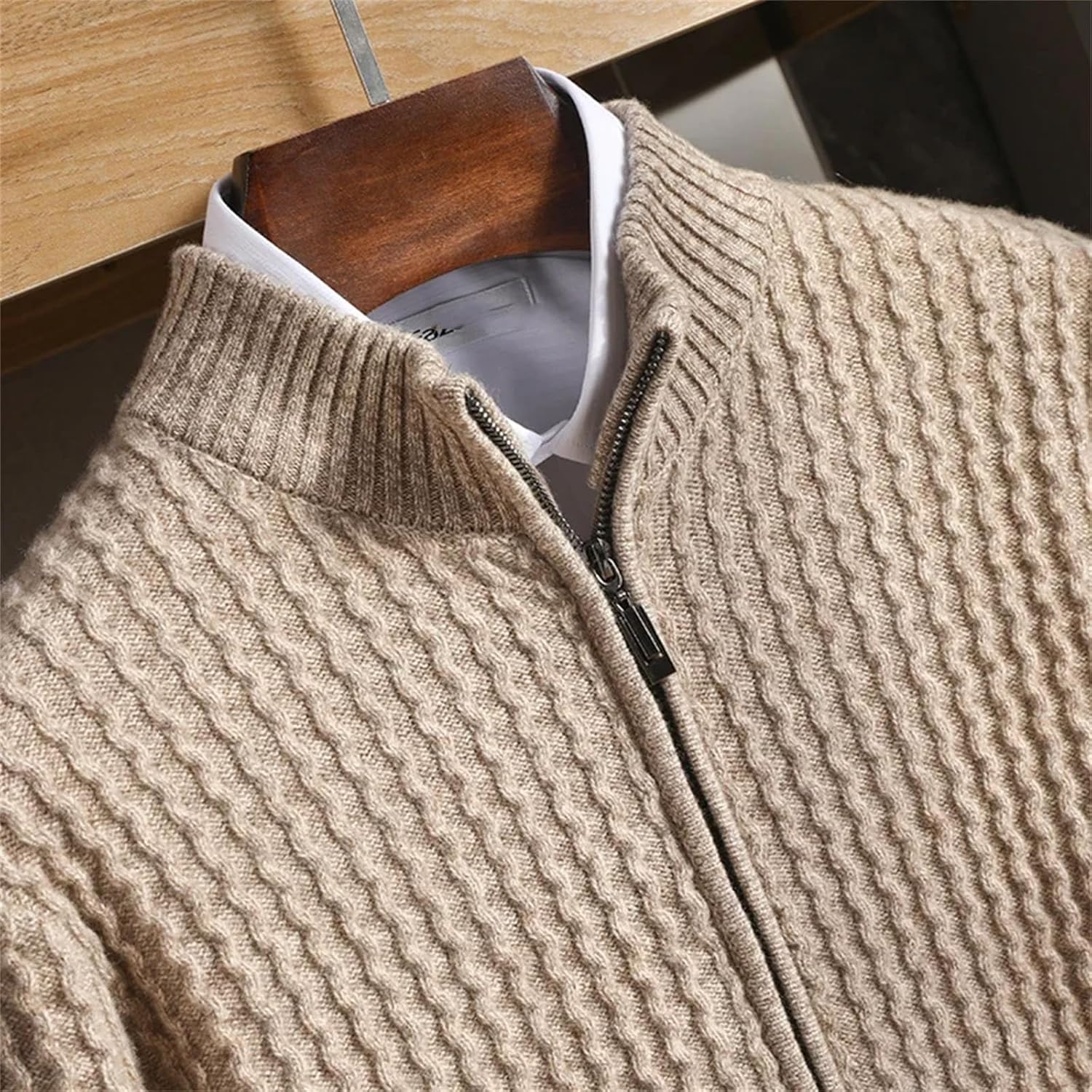 Men's Zipper Mock Collar Thickening Cardigan 100 Percent Merino Wool Flower Yarn Sweater Cashmere Knitwear
