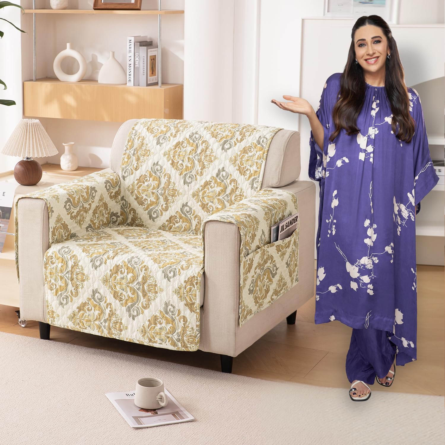 HOKIPO ‘VivaCasa Series’ Polyester 1 Seater Quilted Sofa Cover with Pockets, Damask Beige (NEW-737-D4) HOKIPO ‘VivaCasa Series’ Polyester 1 Seater Quilted Sofa Cover with Pockets, Damask Beige (NEW-737-D4)