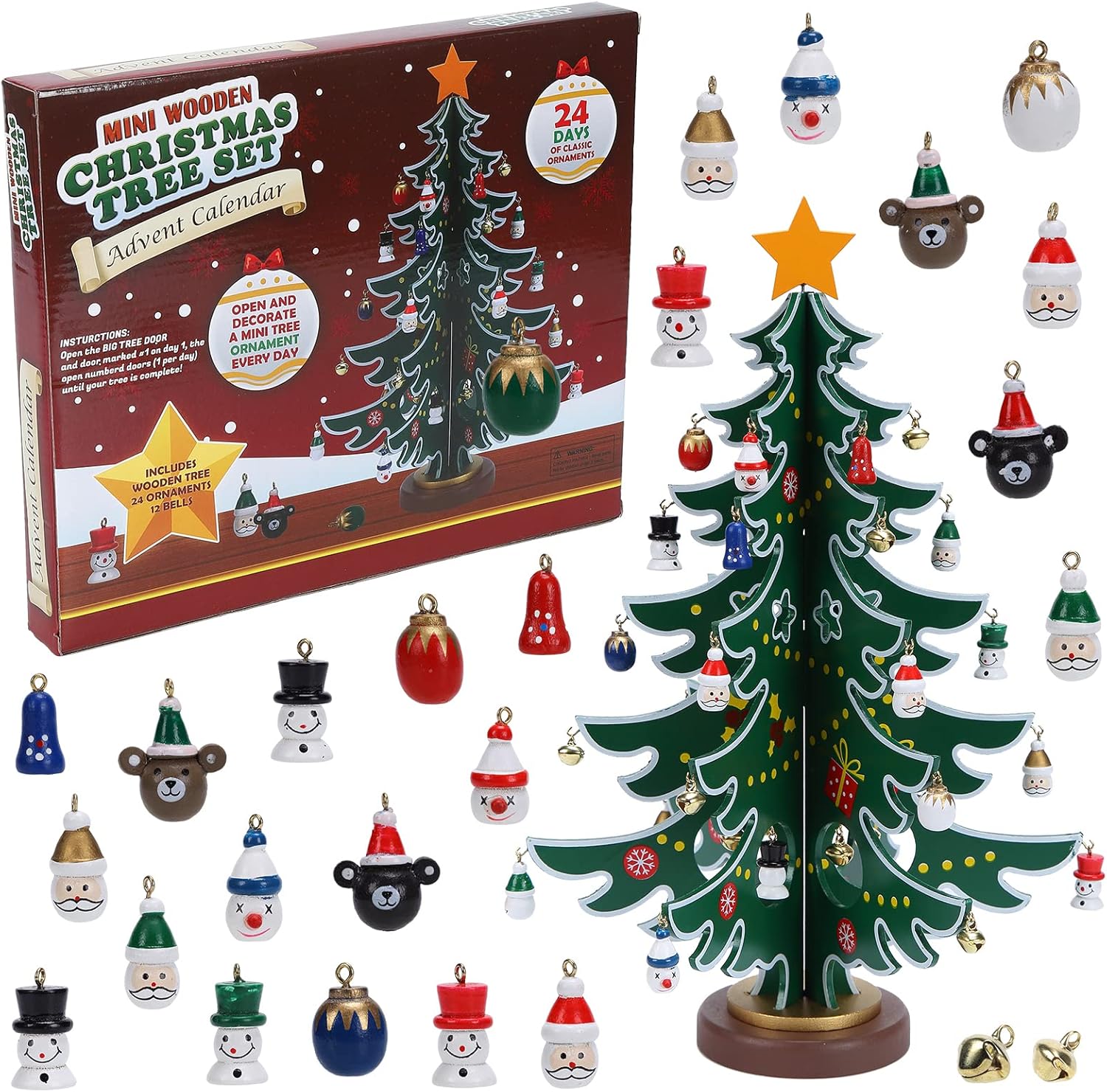 Christmas Advent Calendar Ornaments 2025,24 Days Countdown Advent Calendar with a Tabletop Wooden Christmas Tree and Ornaments Snowman Santa Decorations for Boys, Girls and, Xmas Gift